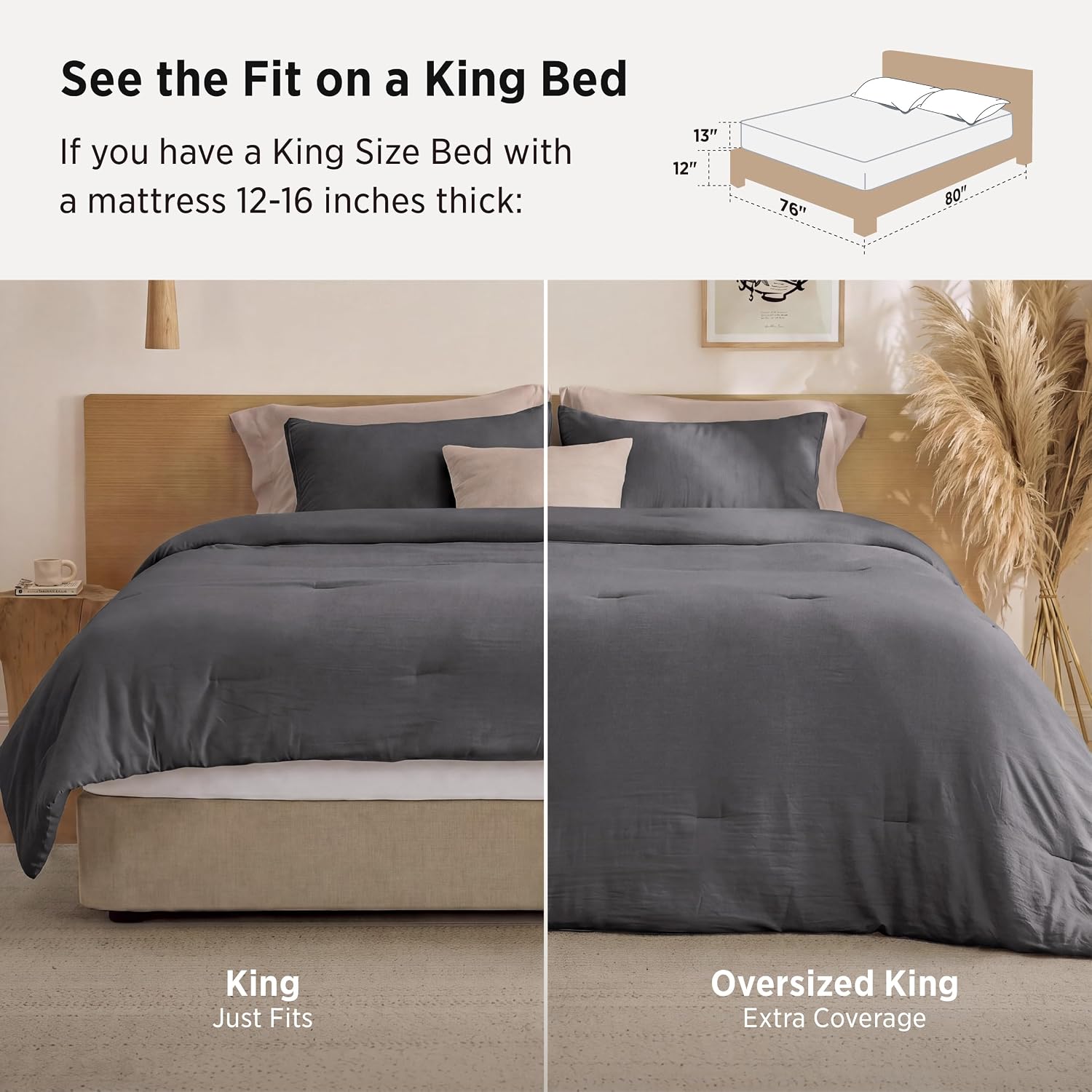 Detalle de Bedsure BB349B2 King Comforter Set, Prewashed Dark Grey, 3 Pieces