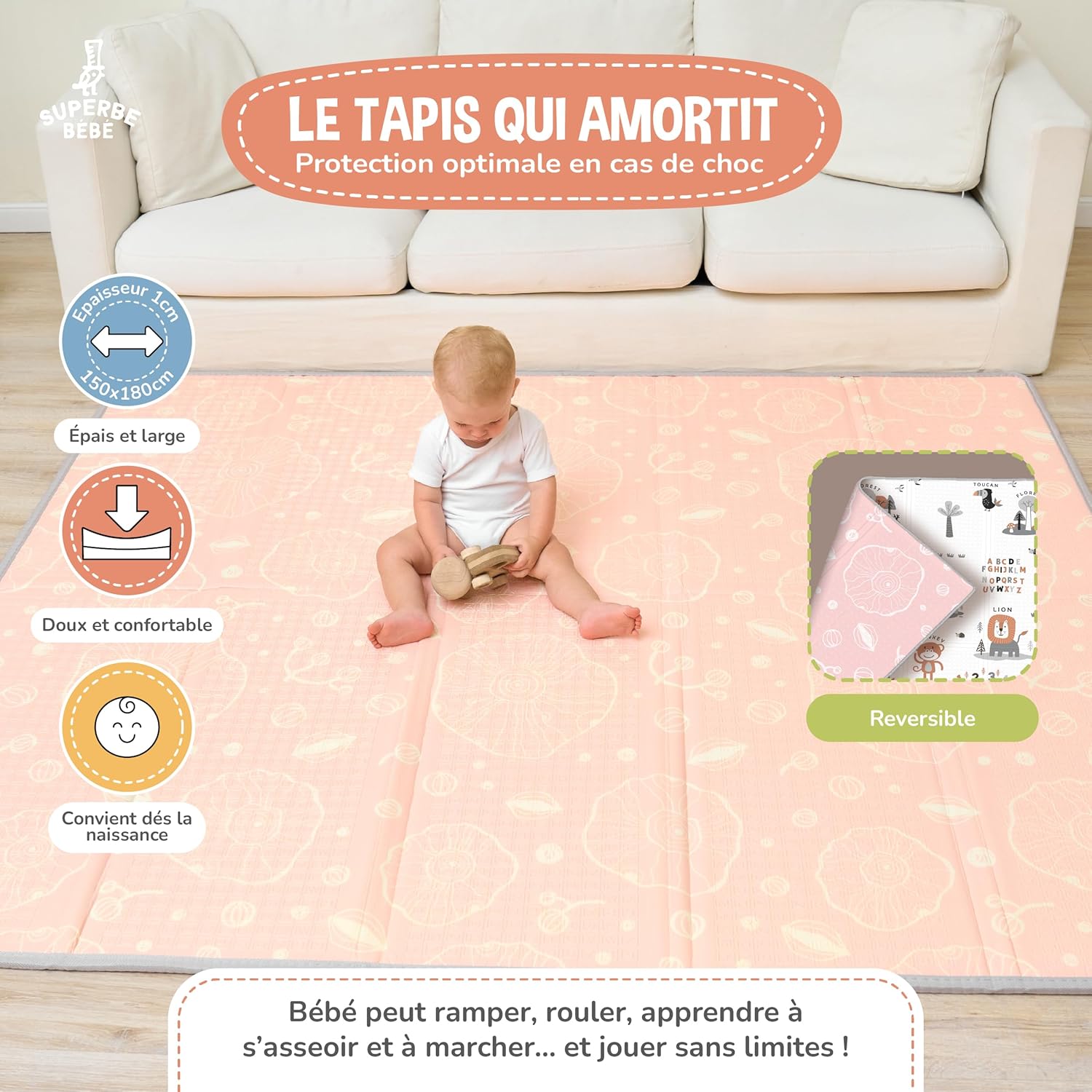 Thumbnail 1 de Tapis d'éveil pour bébé pliable épais réversible 150x180 cm – tapis de jeu Montessori XXL en mousse, antidérapant et lavable