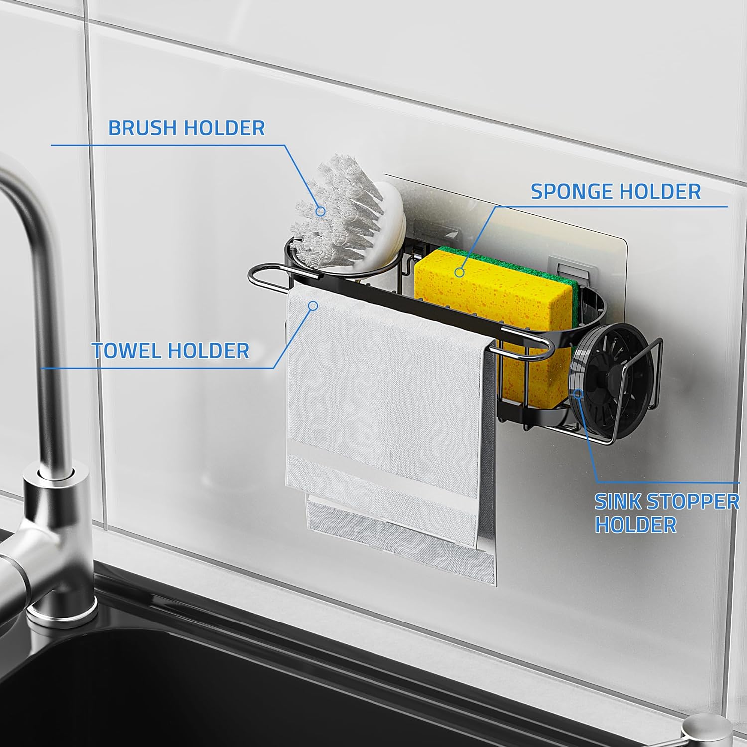 Thumbnail 4 de Cisily Kitchen Sink Caddy Sponge Holder in the Sink (Stainless Steel) — Suction & Adhesive Mounting Organizer