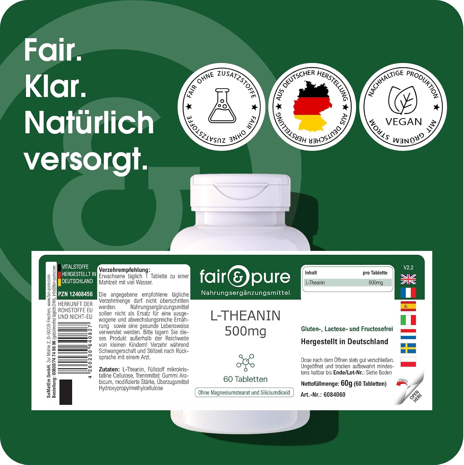 Detalle de Fair & Pure L-Theanin hochdosiert 500 mg, 60 Tabletten – veganes Nahrungsergänzungsmittel ohne Zusatzstoffe, hergestellt in Deutschland