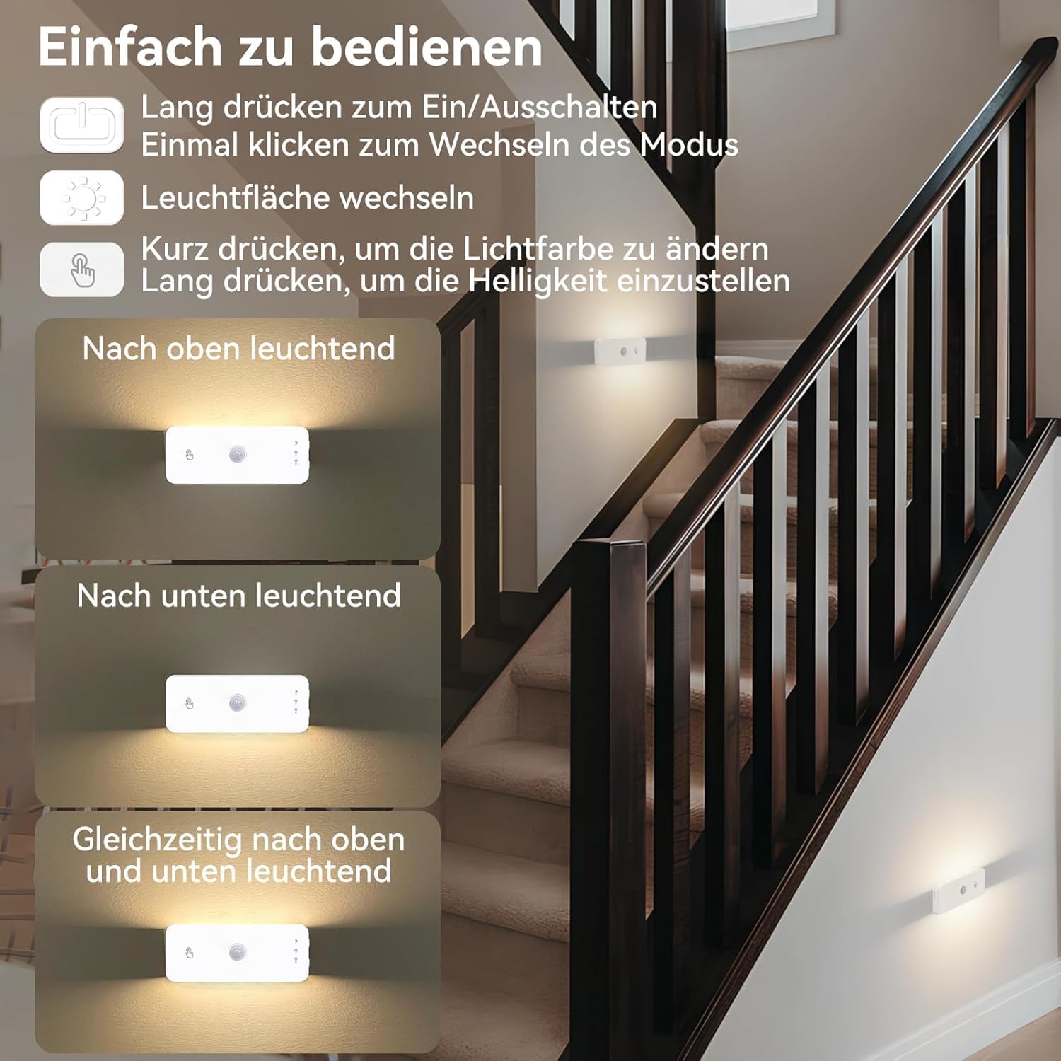 Thumbnail 4 de WUYOR Nachtlicht mit Bewegungsmelder für Treppe & Flur, wiederaufladbar, 3 Farbtemperaturen (3er-Set)
