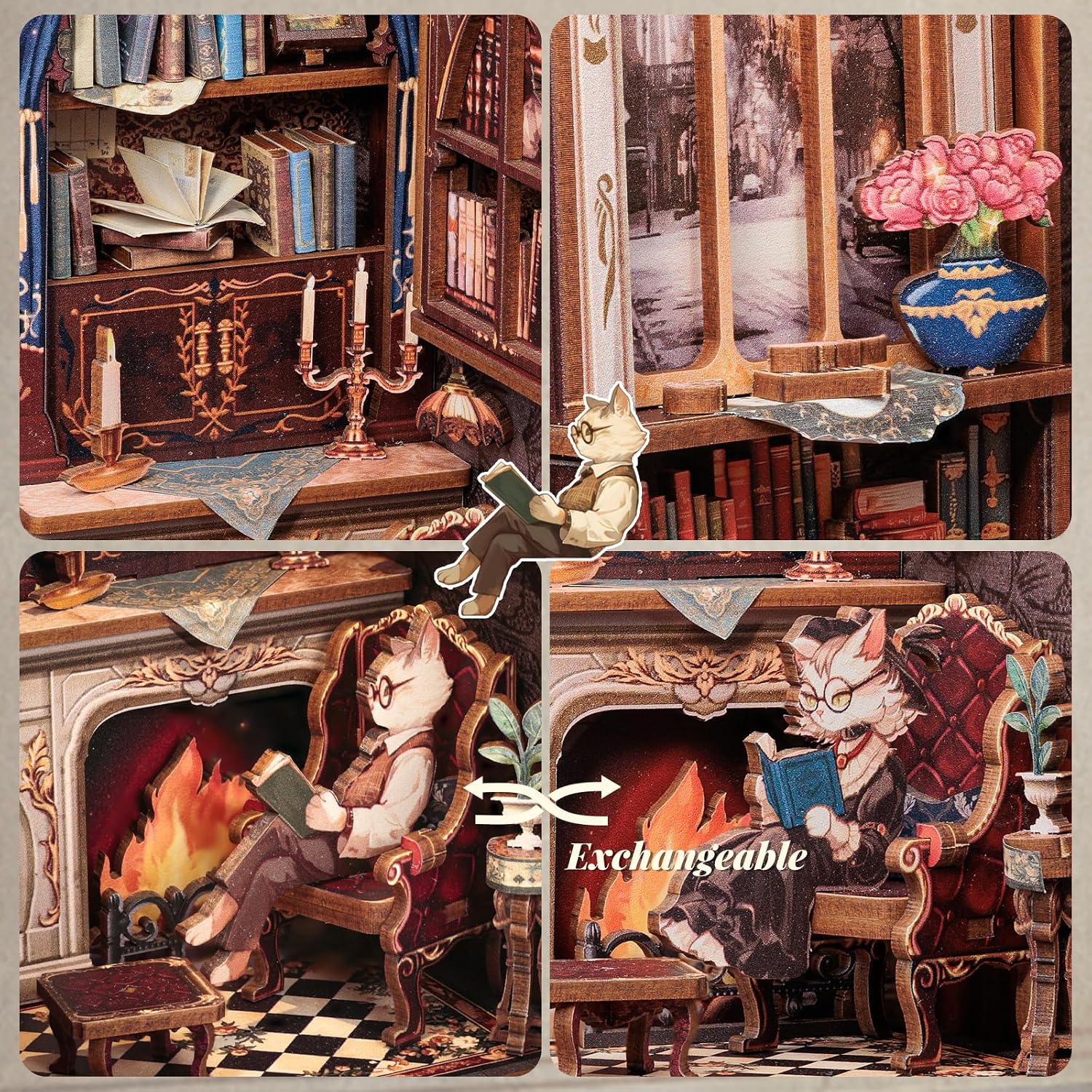 Detalle de Fsolis Book Nook Kit Fai da Te: case per miniature con luci LED a forma di testa di gatto