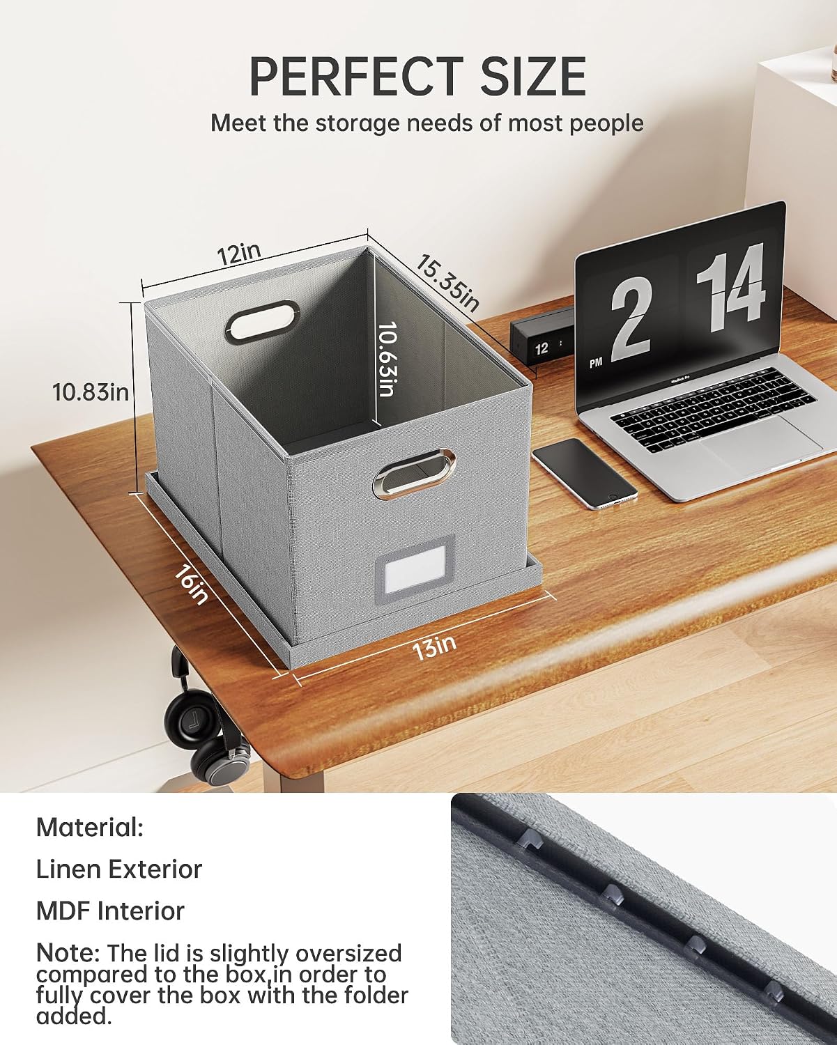 Detalle de Oterri AM03118 2-Pack File Storage Boxes with Lids, Gray Linen, Foldable