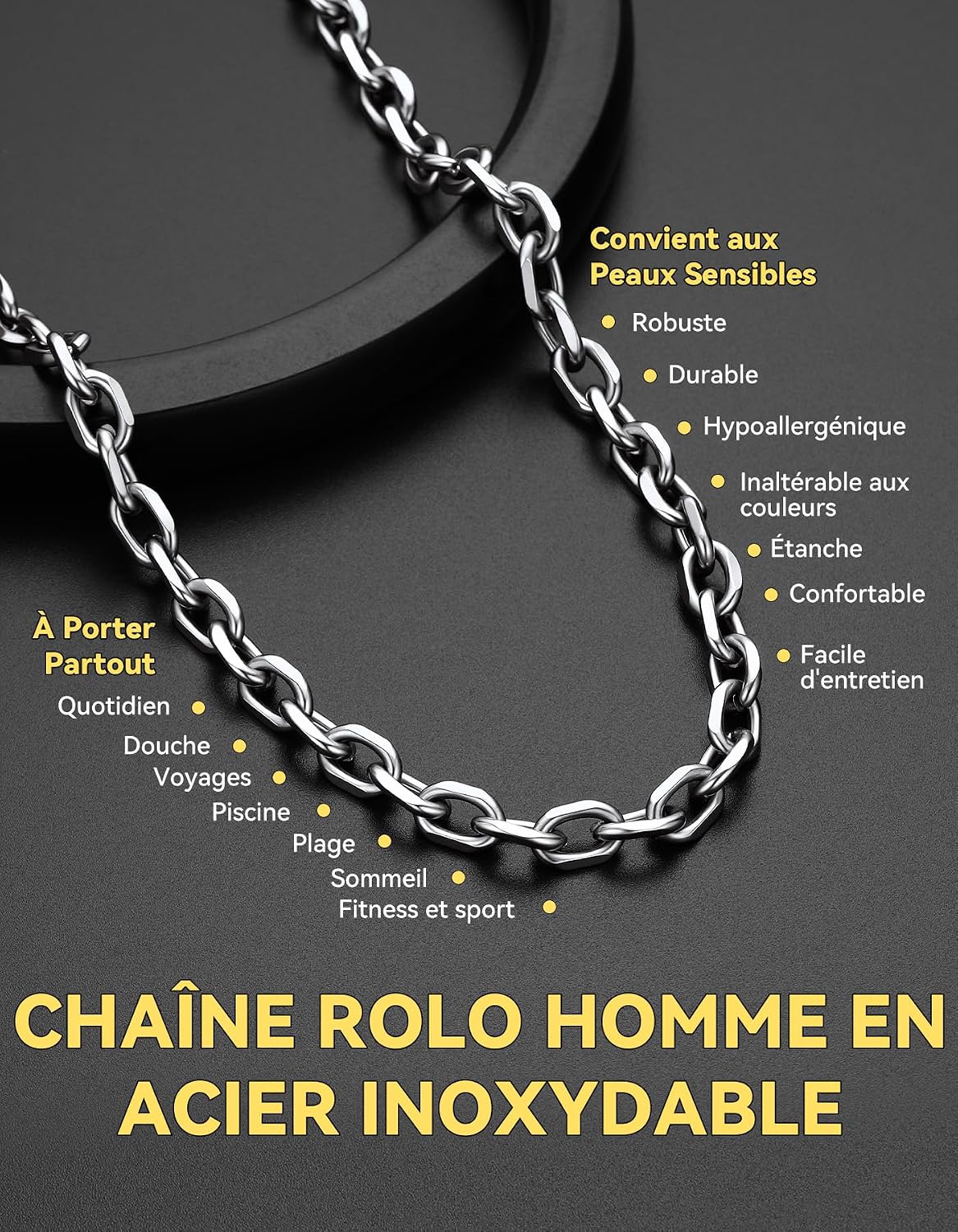 Detalle 2 de ChainsHouse - Collier en Acier Inoxydable Massif 316L, Chaine Homme/Femme, Longueurs 46–76 cm