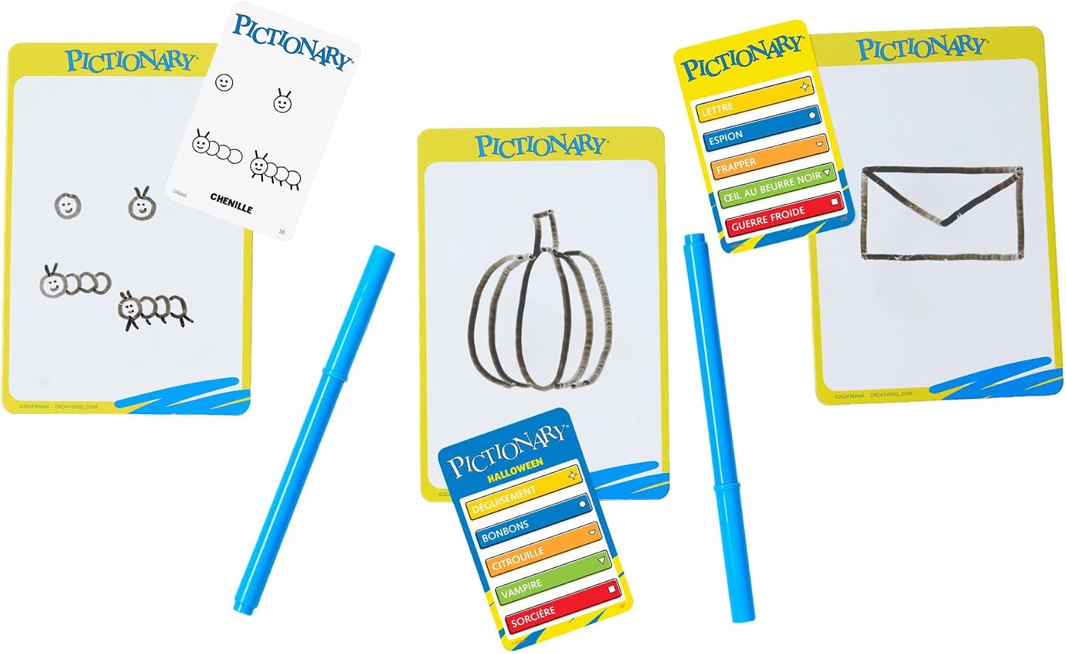 Detalle de Mattel Games Pictionary – Jeu de société familial Multiniveau, 2 équipes, feutres et ardoises inclus