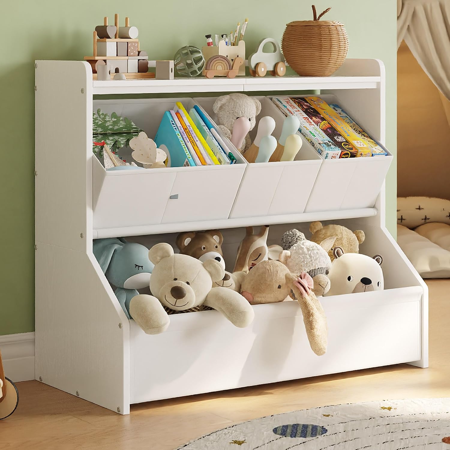 Detalle de FOUCSSOMEI Toy Storage Organizer for Kids, 3-Tier with Removable Bins and Bookshelf