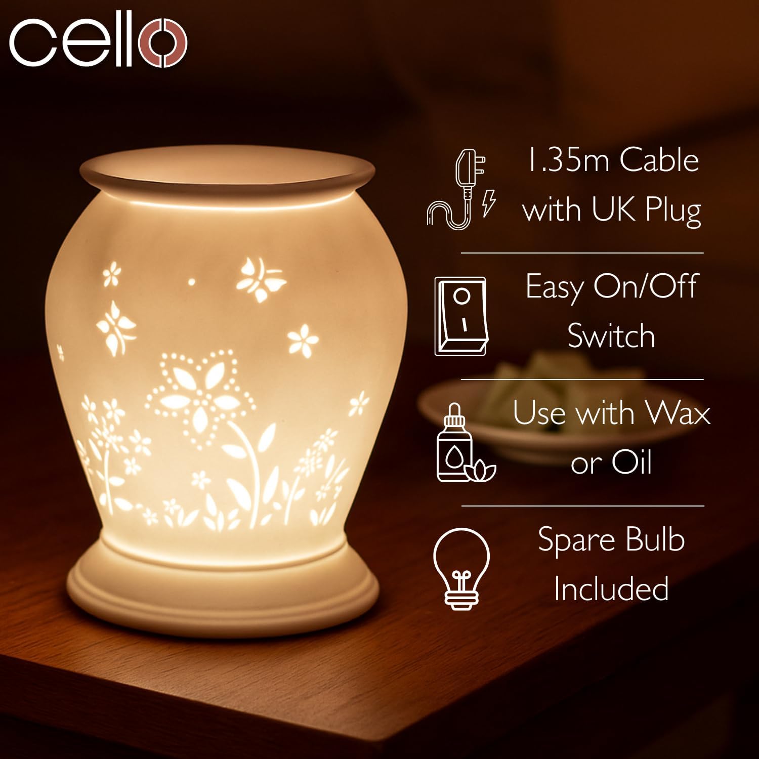 Thumbnail 1 de Cello Porcelain Barrel Electric Wax Melt Burner with 3D Projection – Flower Pattern