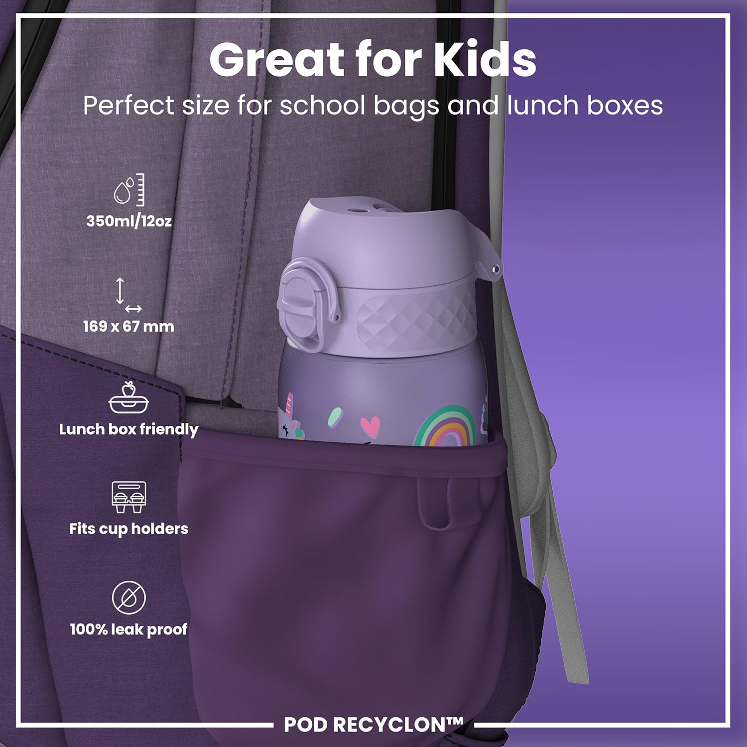 Detalle de Ion8 Small Water Bottle – Leak-Proof, Easy Open, Unicorn Design