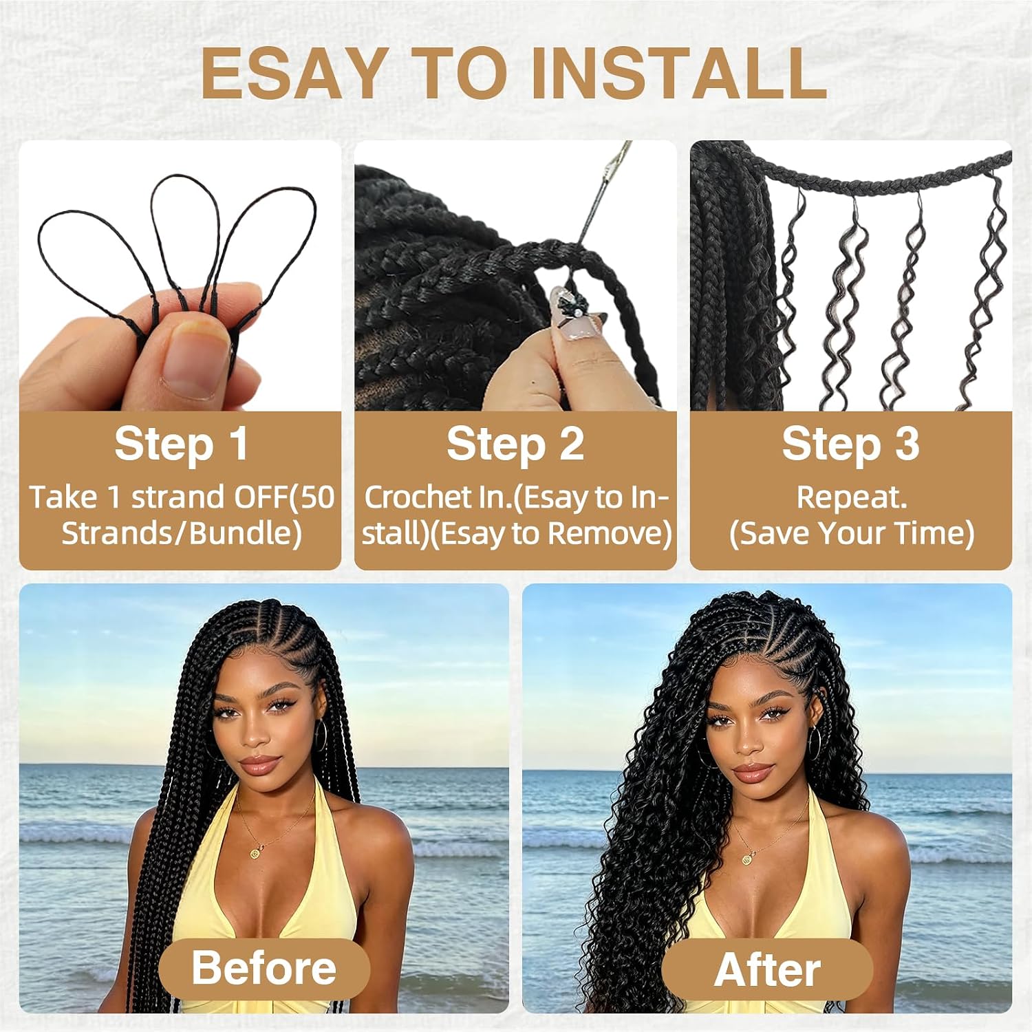 Detalle de Human Crochet Hair for Black Women: 14 Inch Feather Deep Wave Crochet Extensions, 60g, 50 Strands