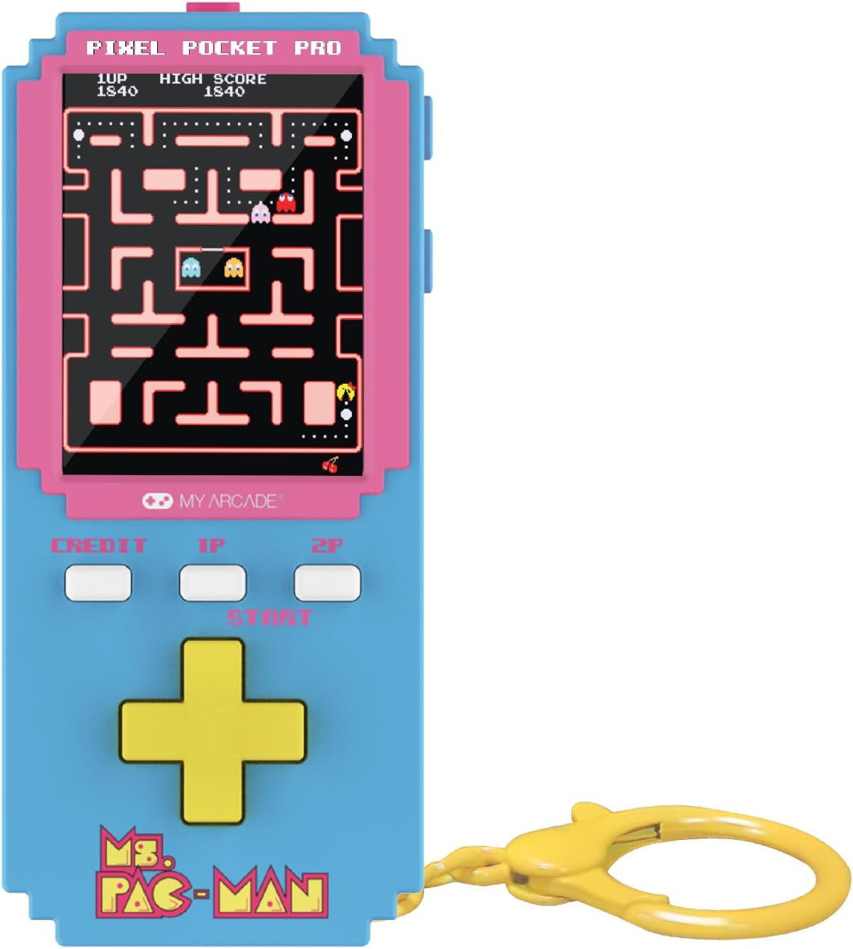 Detalle de My Arcade ミズ・パックマン ピクセル 携帯用キーホルダー型ゲーム、縦型2インチカラー画面・2モード