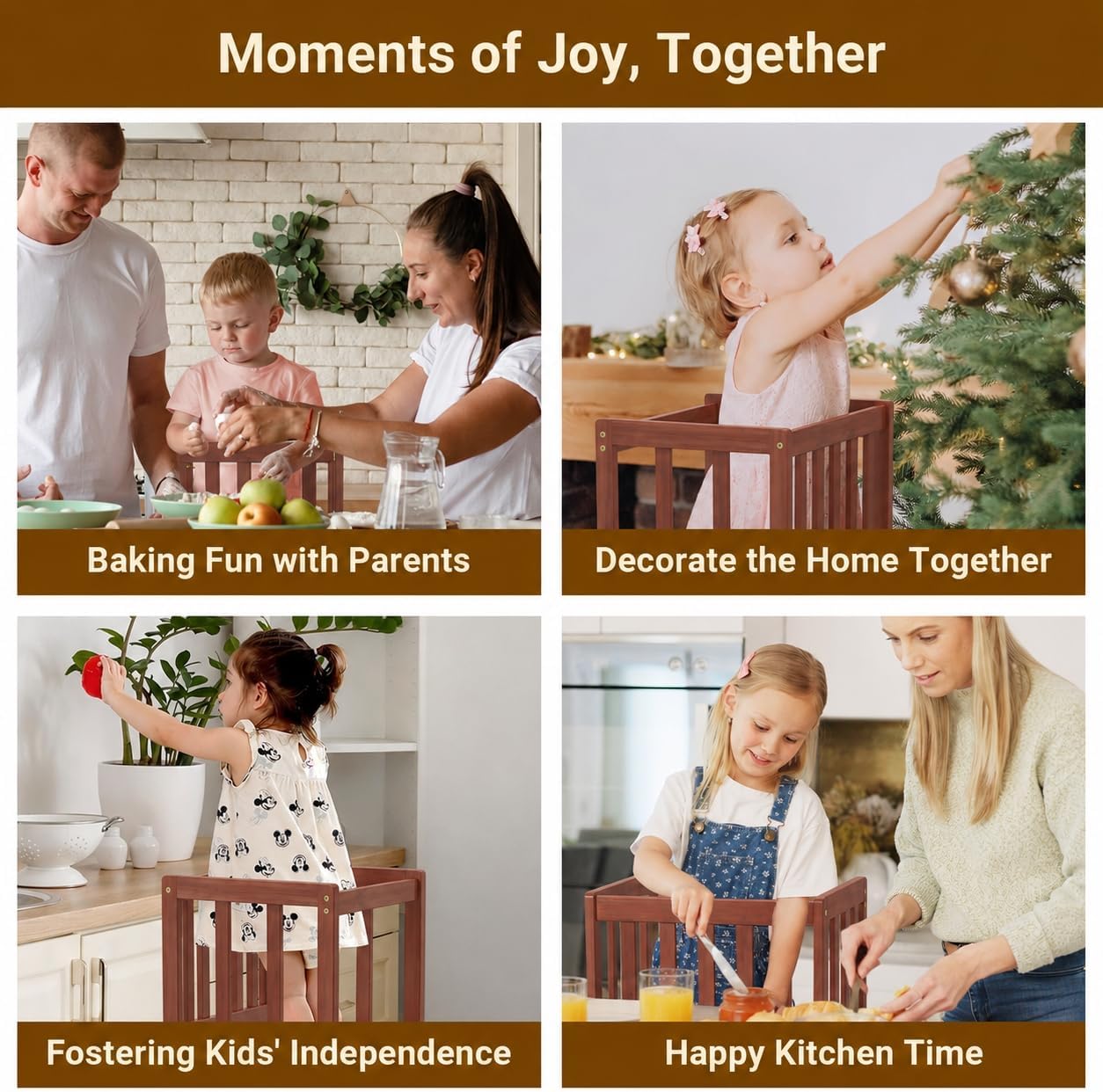 Detalle de COSYLAND Toddler Standing Tower for Kitchen – Wooden Learning Stool in Brown
