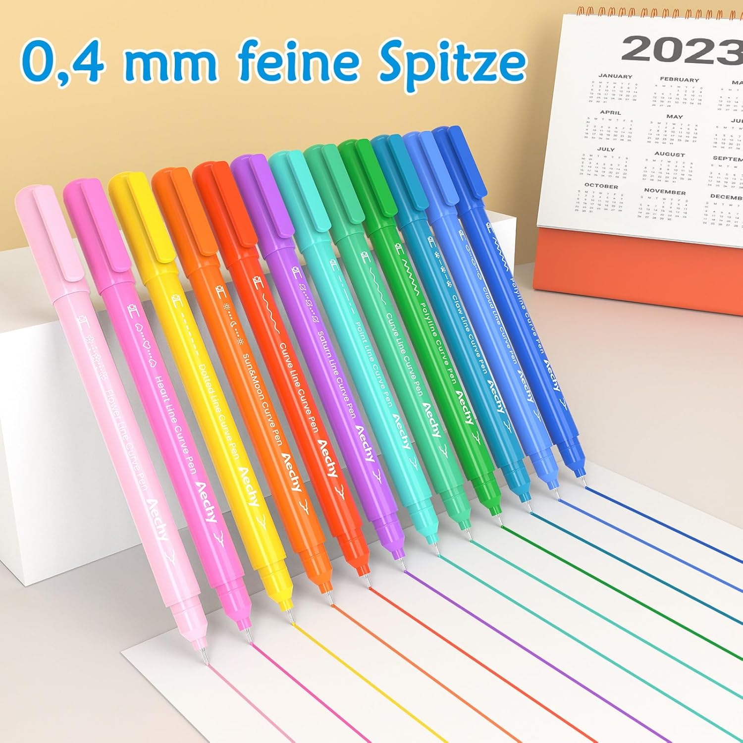 Detalle de AECHY 12er Set Textmarker mit Doppelspitze – 12 Farben, 10 Musterrollen