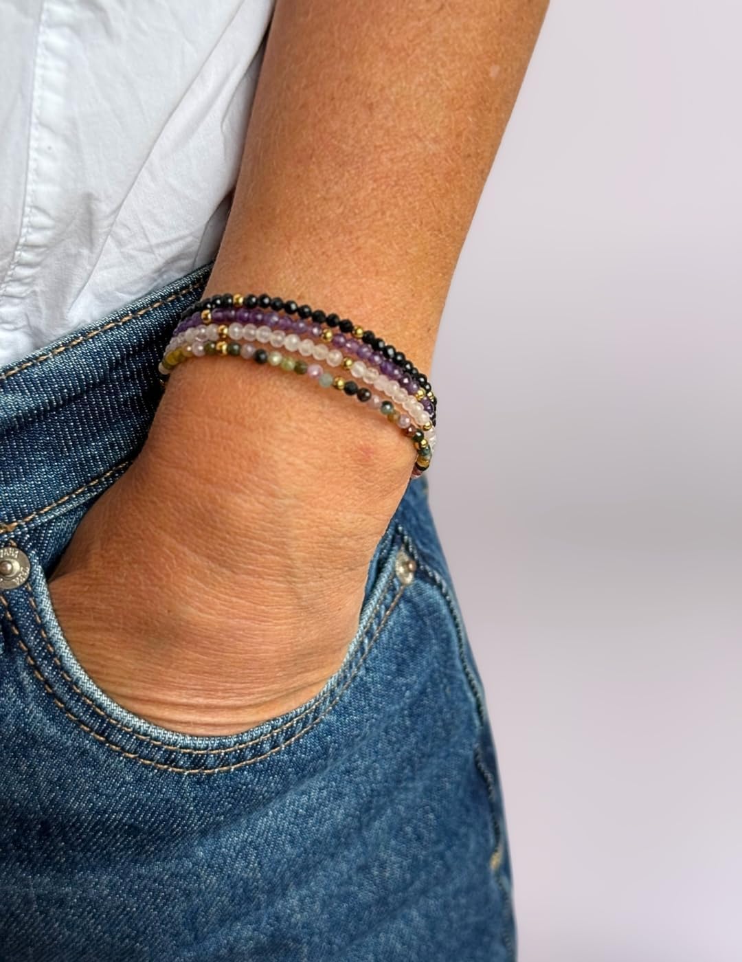 Detalle de happymaker Rosenquarz-Perlenarmband aus 925 Sterling Silber (oder vergoldet) mit Verlängerungskette