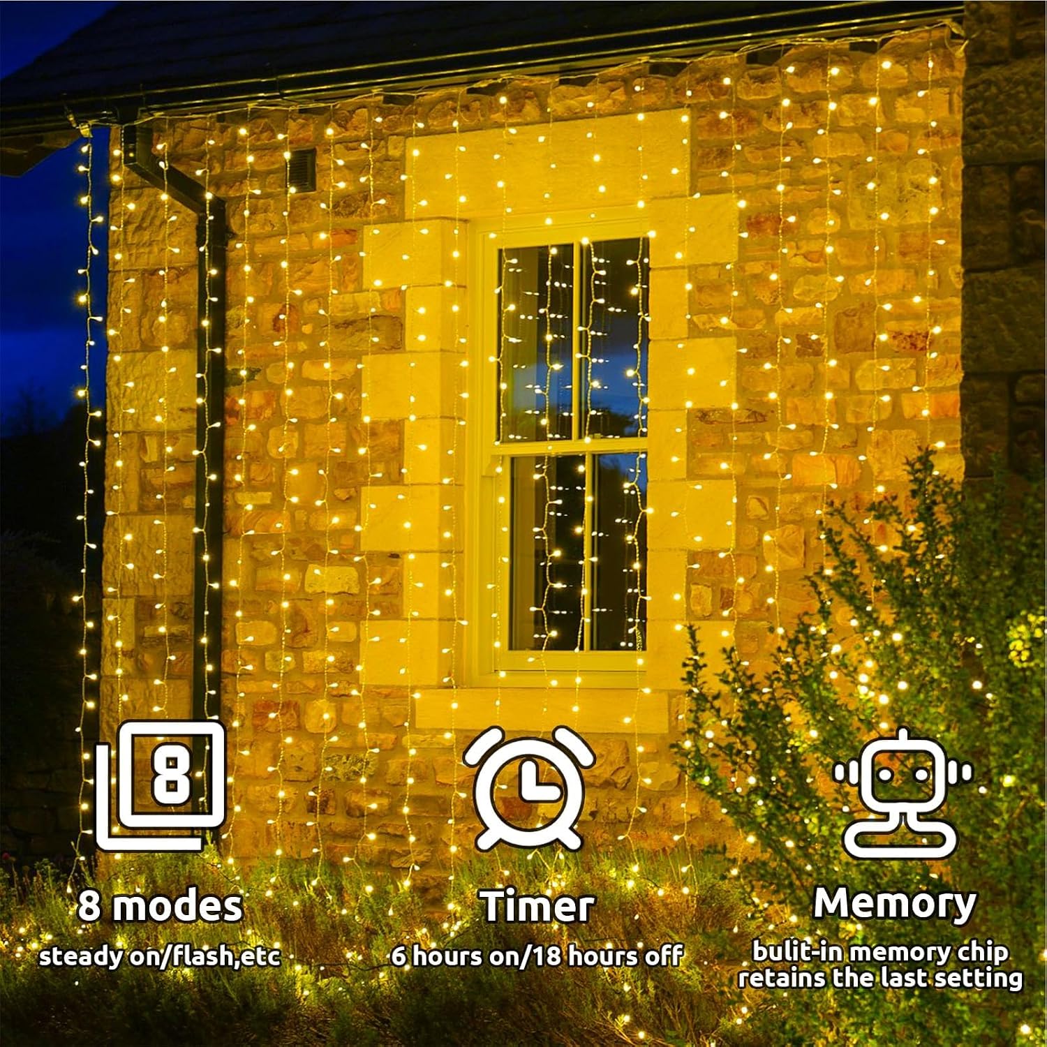 Detalle de Cozymeow 2 Pezzi Tenda Luminosa Esterno e Interno 300 LED 3x3m – Cascata Fiabesca, 8 Modalità e Timer, IP65