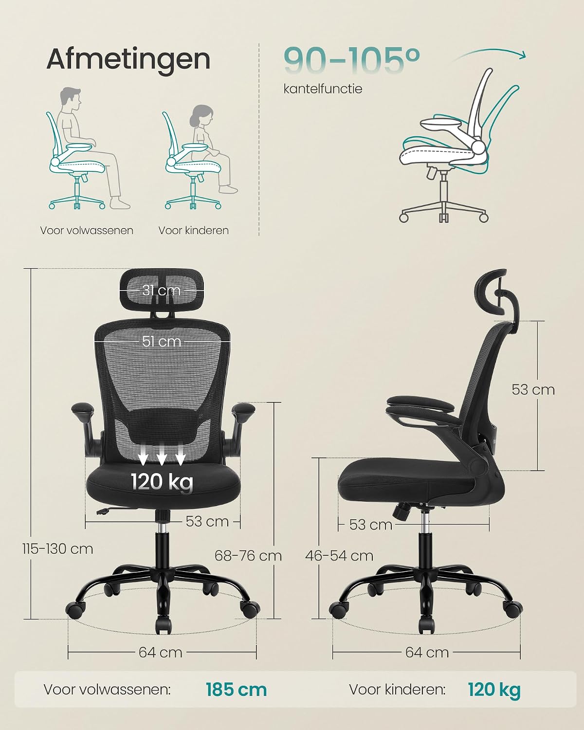Detalle de SONGMICS KIME OBN047B01 ergonomische bureaustoel met mesh en verstelbare steun
