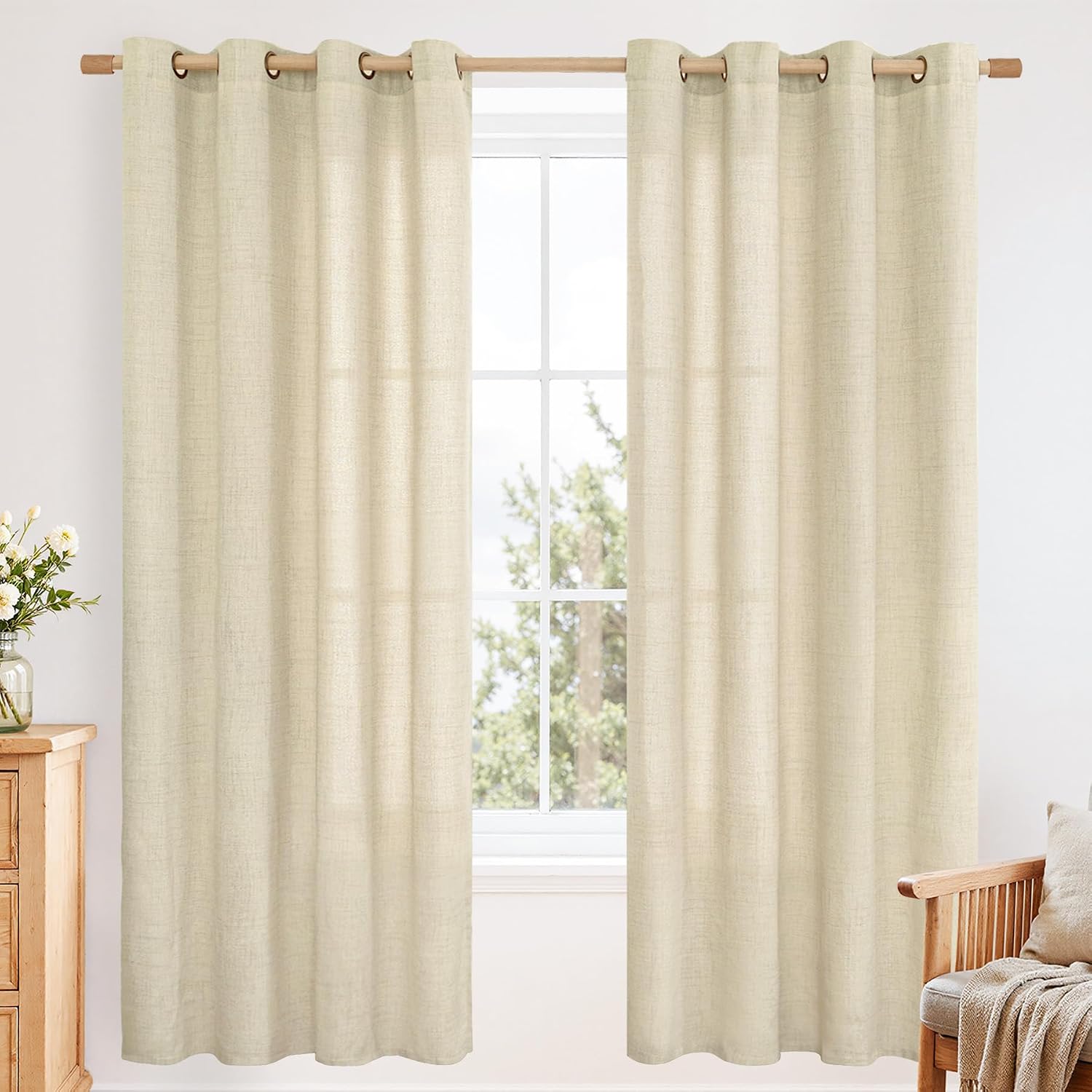 Detalle de YoungsTex Sand Linen-Textured Curtains, 2 Panels, 52 x 72 Inches with Grommets