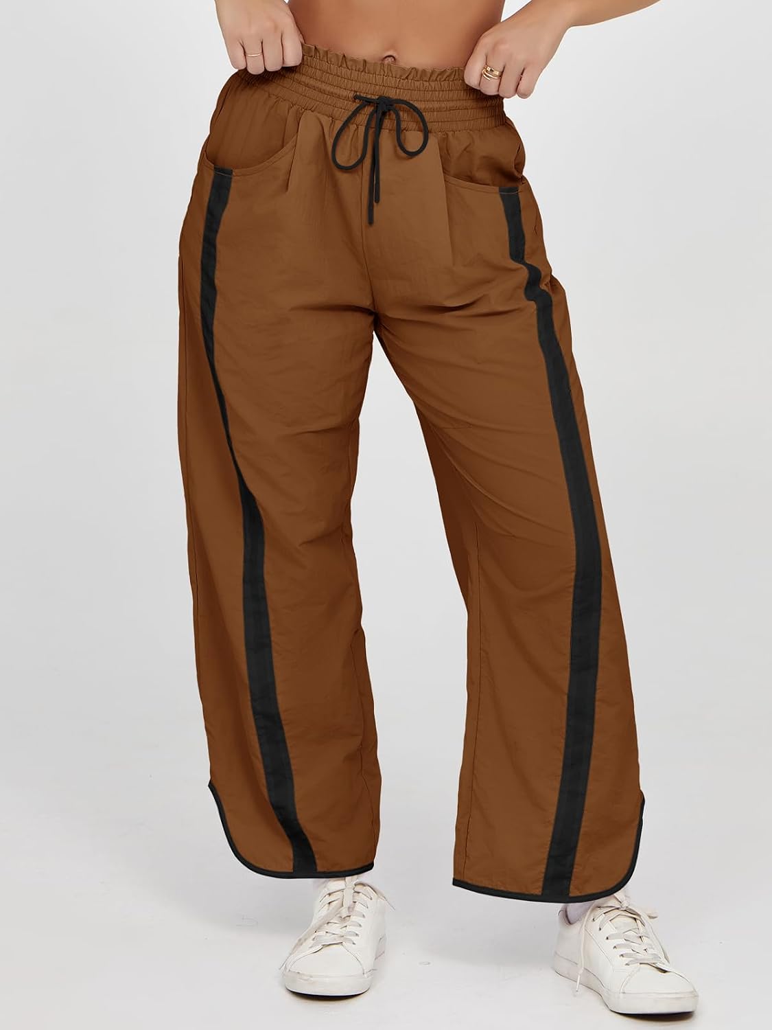 Detalle de Fisoew Women's Baggy Wide Leg Pants - Casual Drawstring, 7/8 Length, Polyamide Track Pants