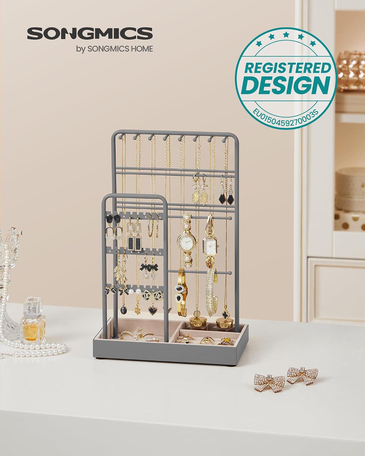 Thumbnail 2 de SONGMICS JJS021G01 sieradenstandaard met metalen frame en fluwelen dienblad