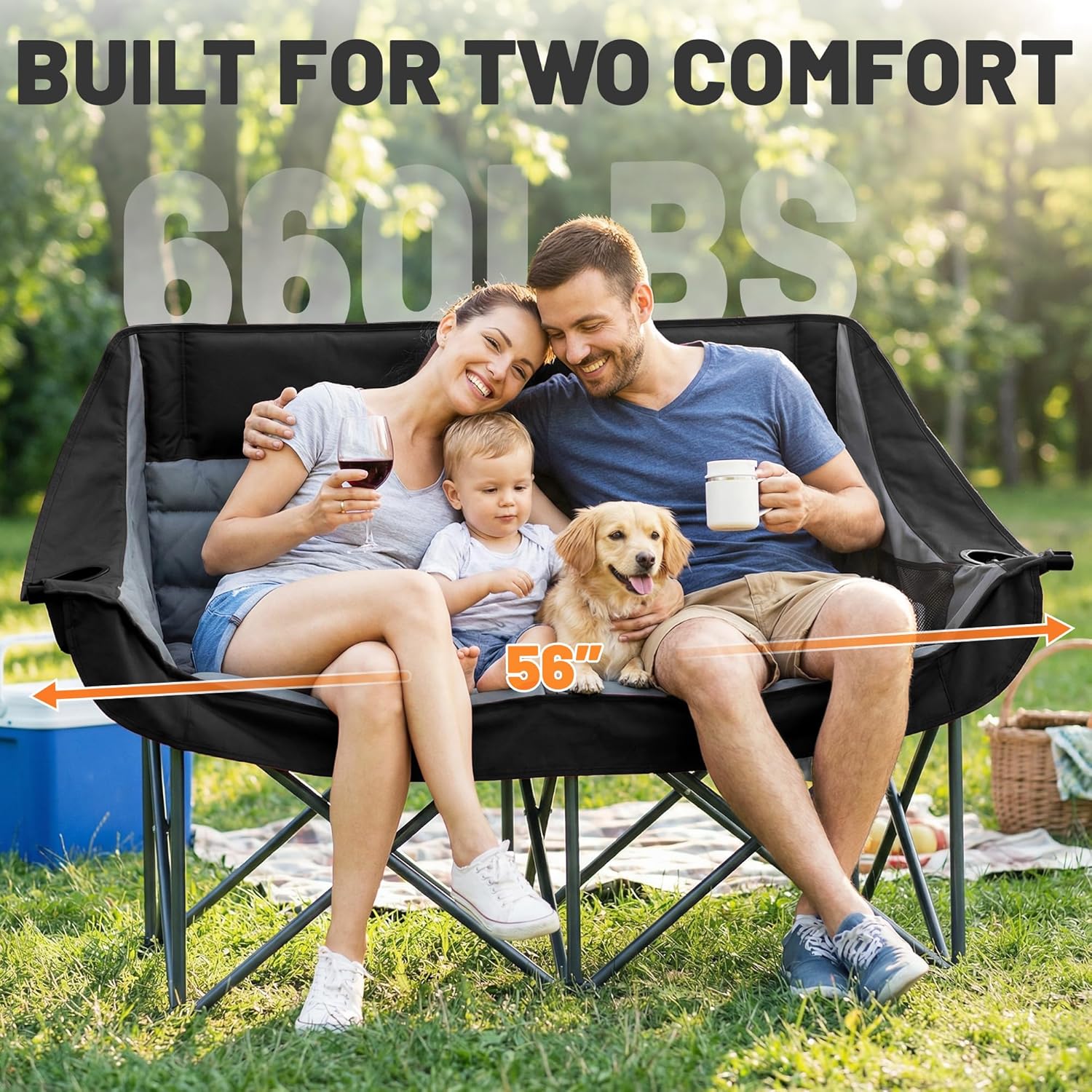 Thumbnail 3 de Youtanic Oversized Double Camping Chair (Folding Loveseat) with Cup Holder, Pockets & Carry Bag, Black