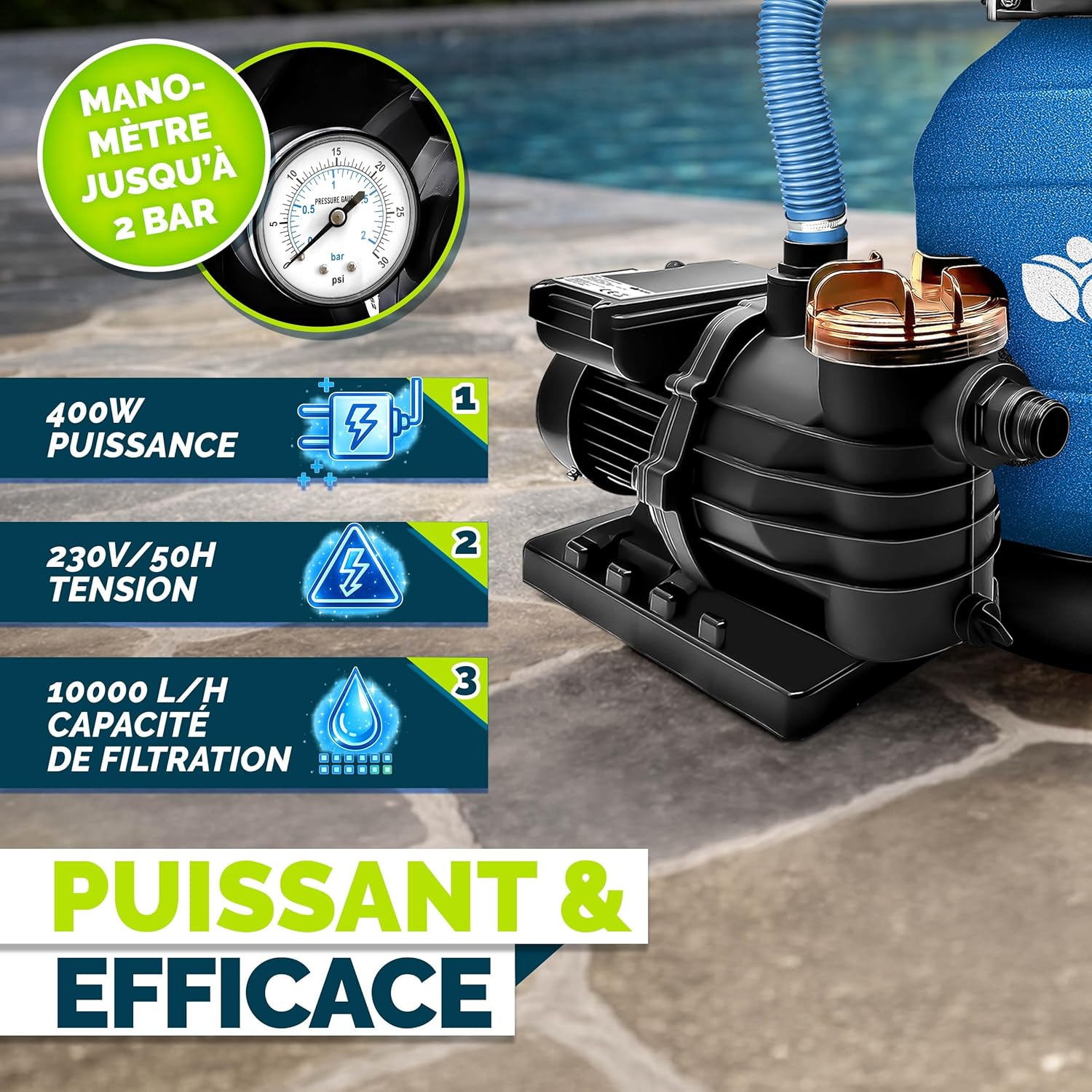 Thumbnail 3 de tillvex Système de Filtre à Sable 10 m³/h (7 voies) avec 800 g de boules filtrantes et manomètre