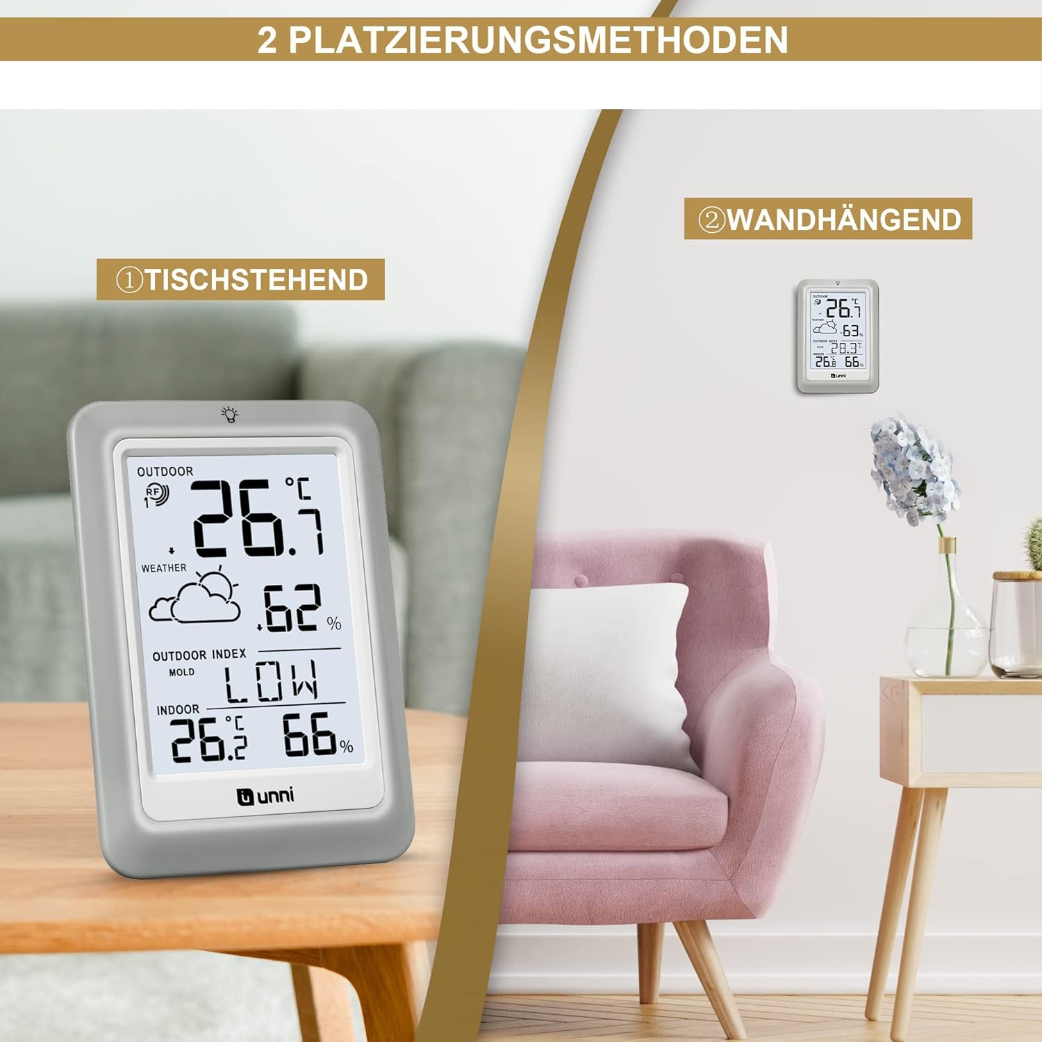 Thumbnail 6 de U UNNI Funk-Wetterstation mit Außensensor (Batteriebetrieb) – Wettervorhersage, °C/°F & 2 Helligkeitsstufen