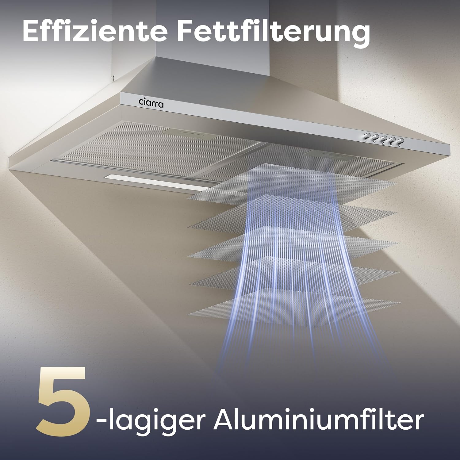 Detalle de CIARRA CBCS6201 A++ Dunstabzugshaube 60 cm – Pyramide aus Edelstahl, Umluft & Abluft