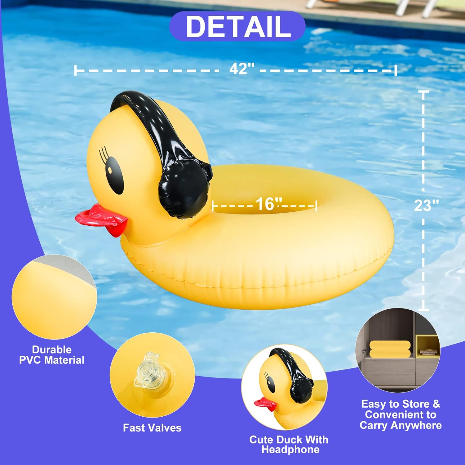 Detalle de DeeprBetter Pool Aufblasbarer Schwimmtier Gelbe Ente mit Licht, Solarbetrieben 107 cm –2-in-1 Poolschwimmer und Leuchte