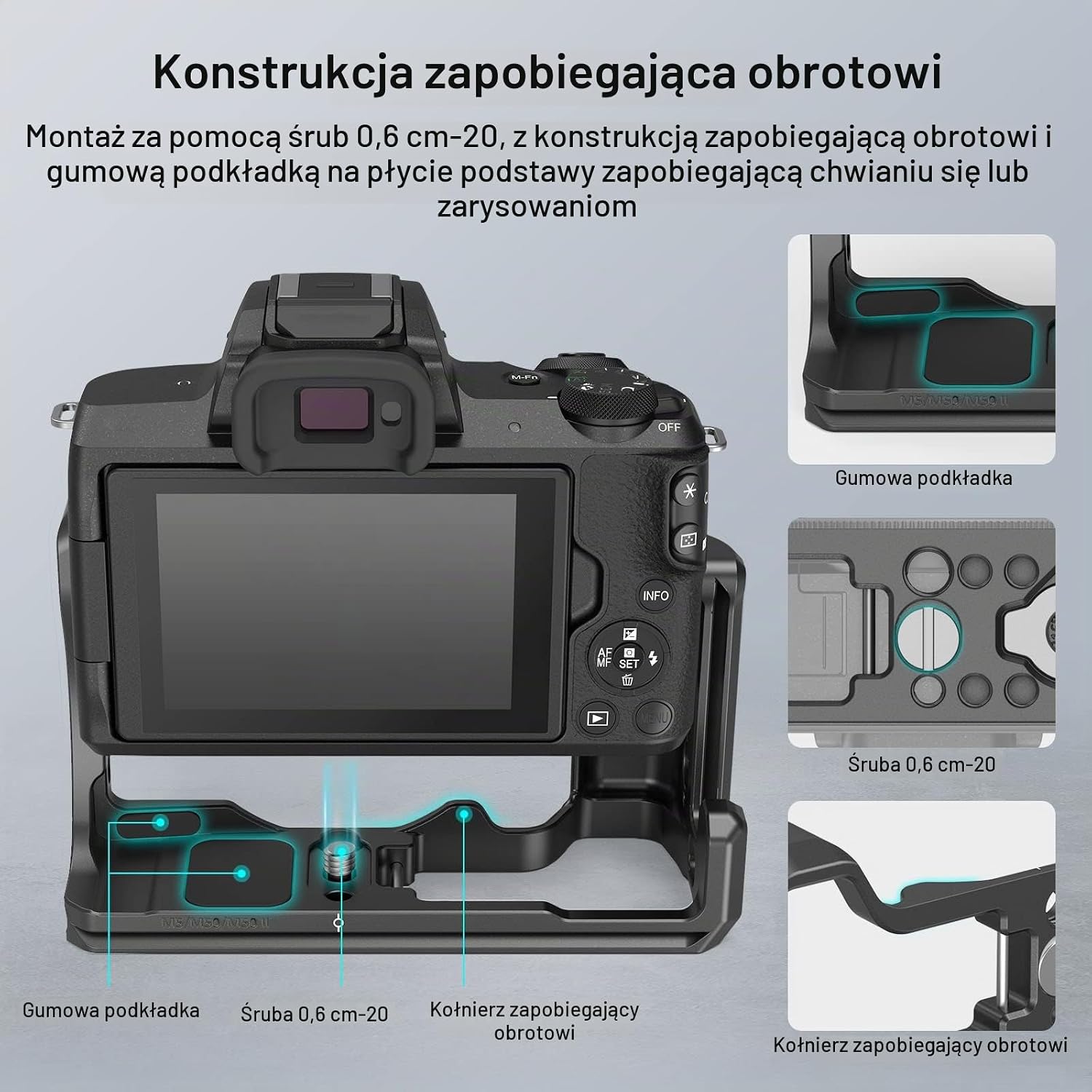 Detalle 2 de SMALLRIG 2168 klatka do Canon EOS M50/M50 II i M5 z uchwytem, szyną NATO i płytką Arca