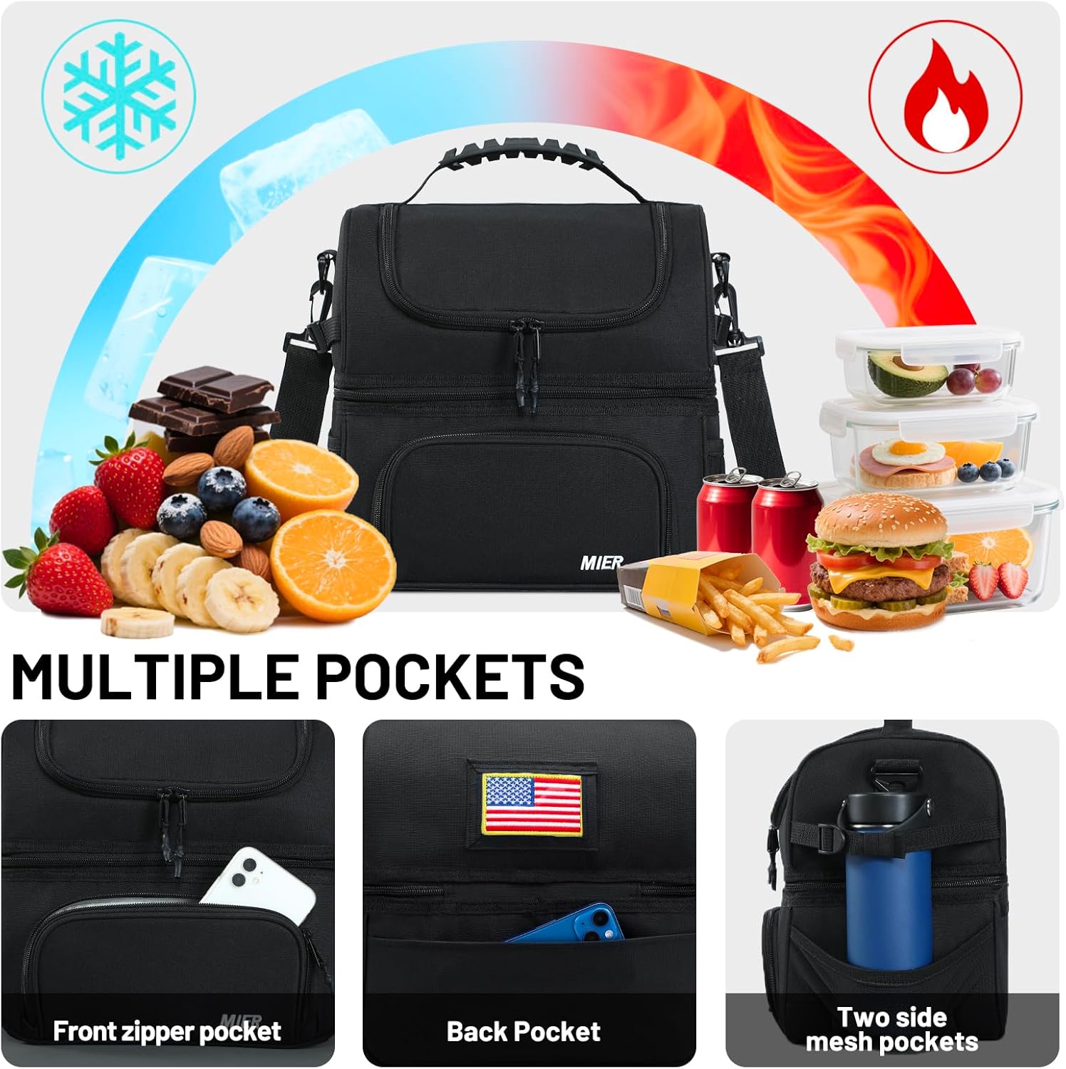 Thumbnail 2 de MIER Dual Compartment Insulated Lunch Bag Tote with Shoulder Strap