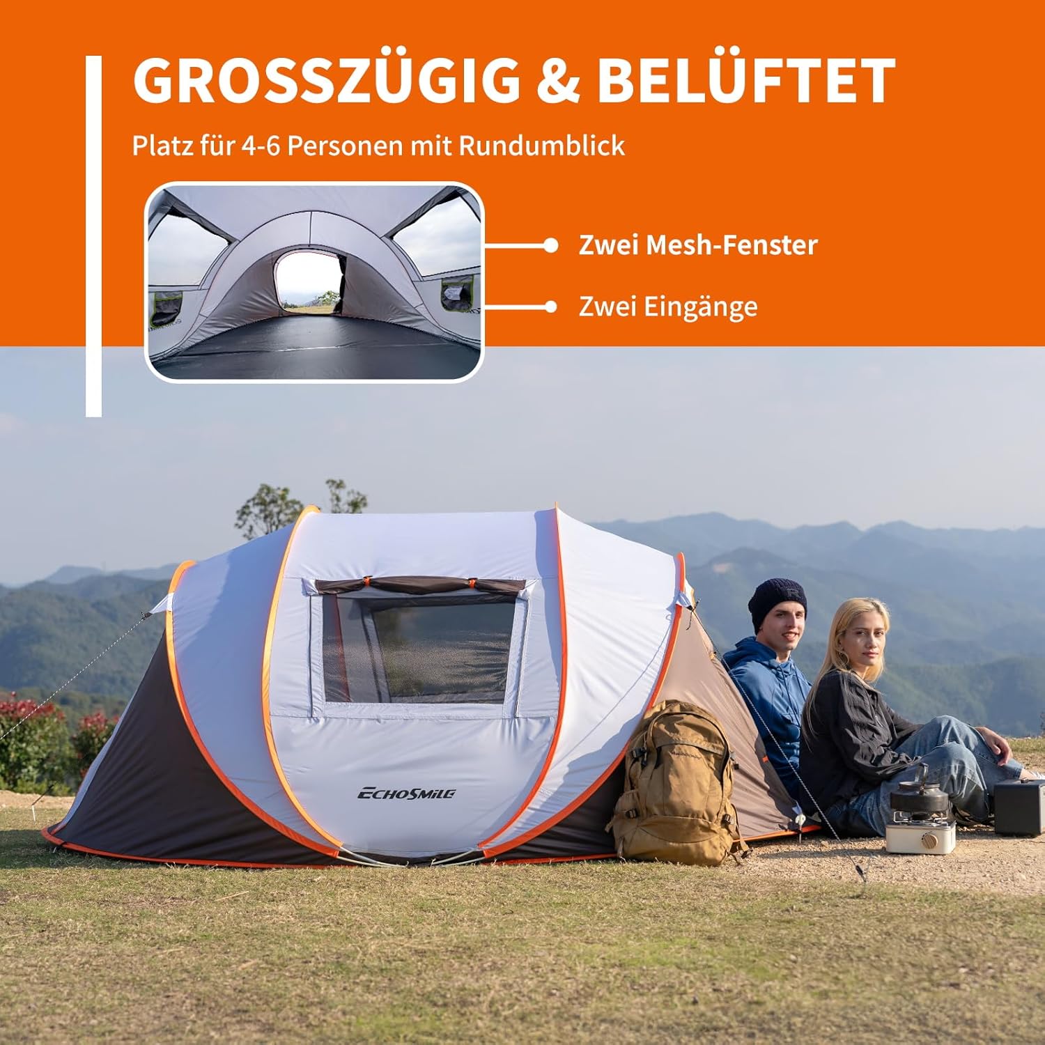 Detalle de EchoSmile Pop up Zelt 4–8 Personen – Schnelles Aufbaupaket für Familiencamping