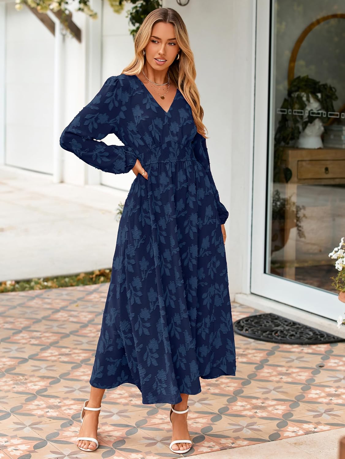 Detalle de Simplee Women's Boho Floral Maxi Dress, Long Sleeve V-Neck with Pockets
