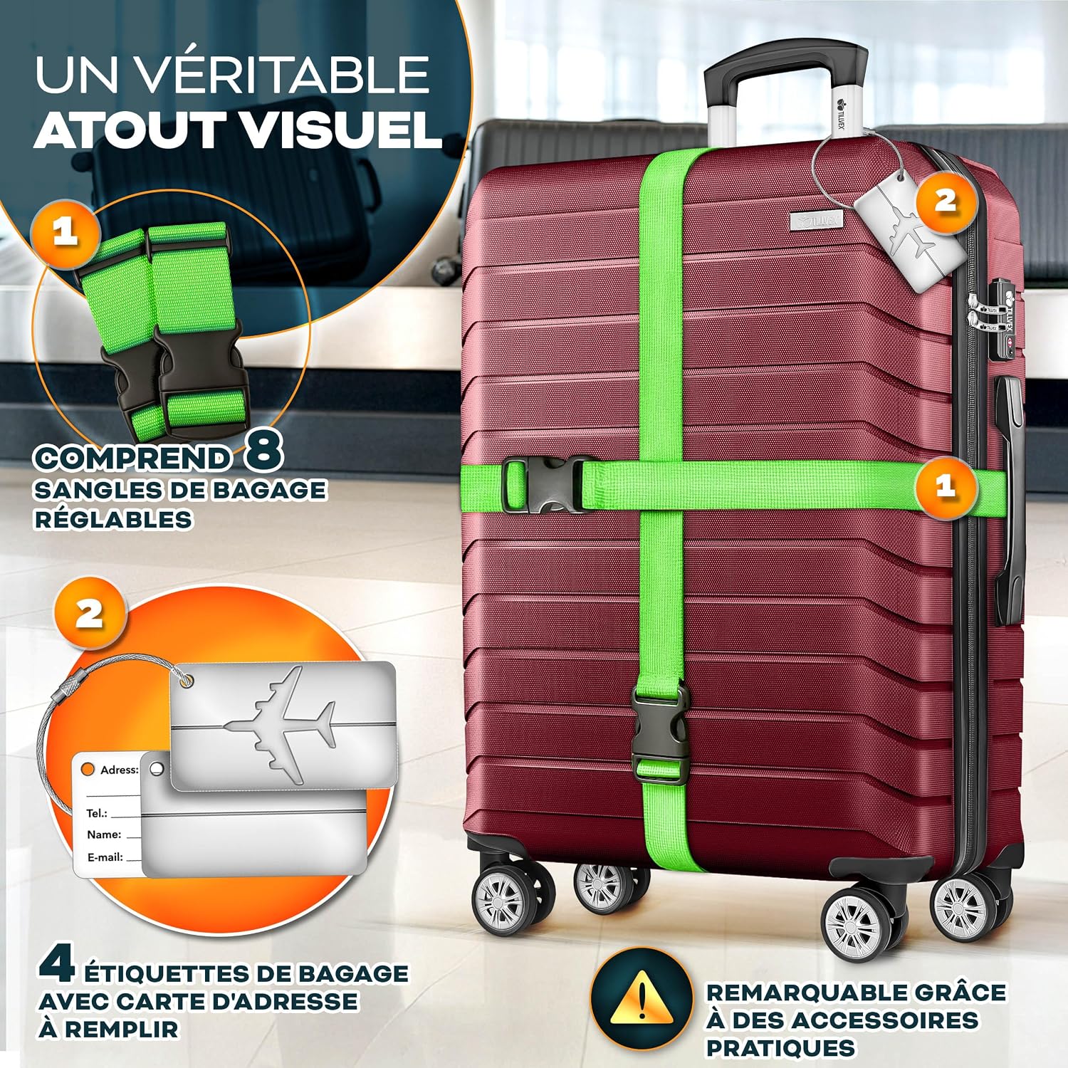 Detalle 2 de Tillvex Set de 4 Valises de Voyage + Balance, 8 Sangles et 4 étiquettes – Coques rigides ABS, TSA, rouge