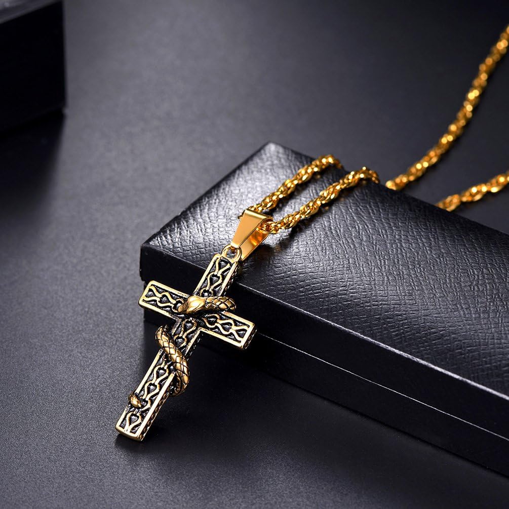 Thumbnail 3 de Collier PROSTEEL unisexe avec pendentif croix entourée de serpent en acier inoxydable 316L plaqué or 18k (ou argent 925)