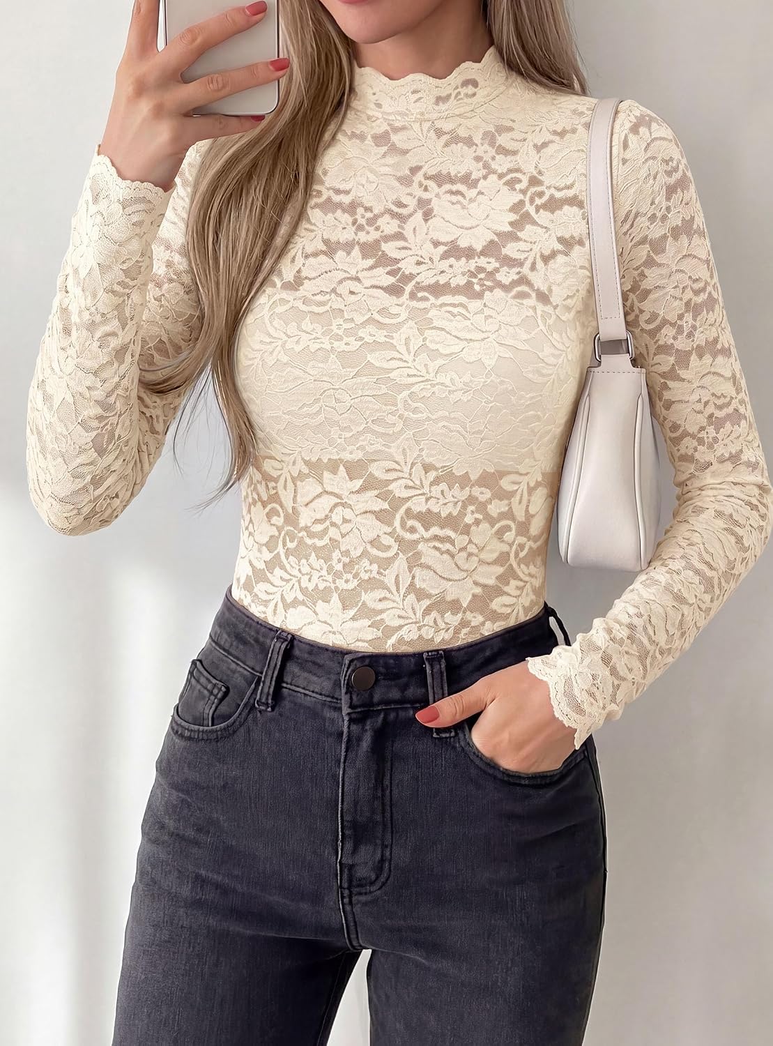 Detalle 2 de PRETTYGARDEN Lace Top, Mock Neck
