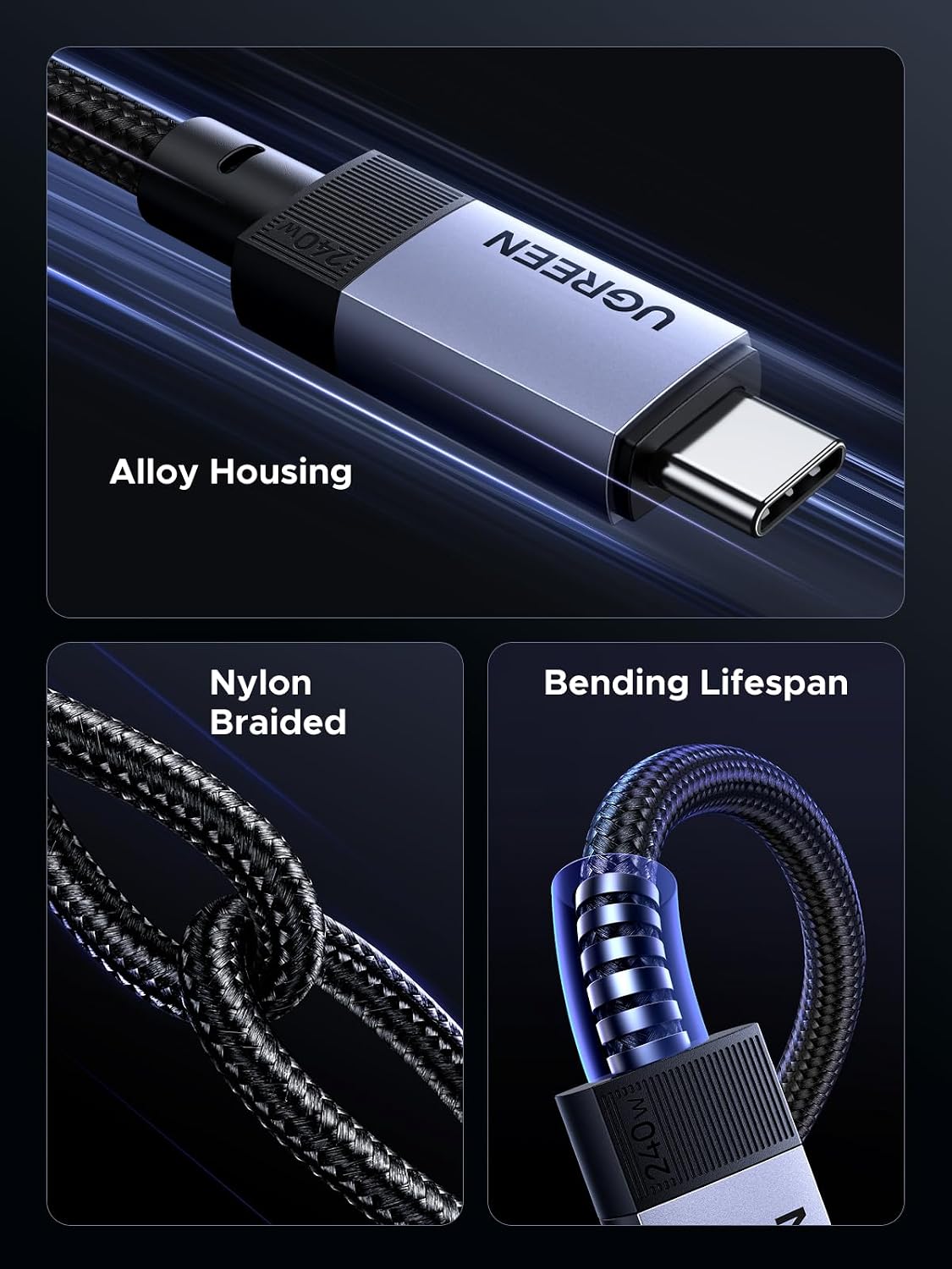 Detalle de UGREEN USB-C to USB-C 3.1 Gen2 Cable 240W, 2m – 10Gbps, 4K@60Hz, PD3.1