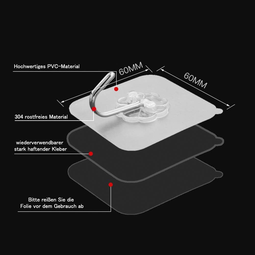Thumbnail 3 de MAXAZTEX 12 selbstklebende transparente Wandhaken aus 304 Edelstahl, tragfähig bis 10 kg