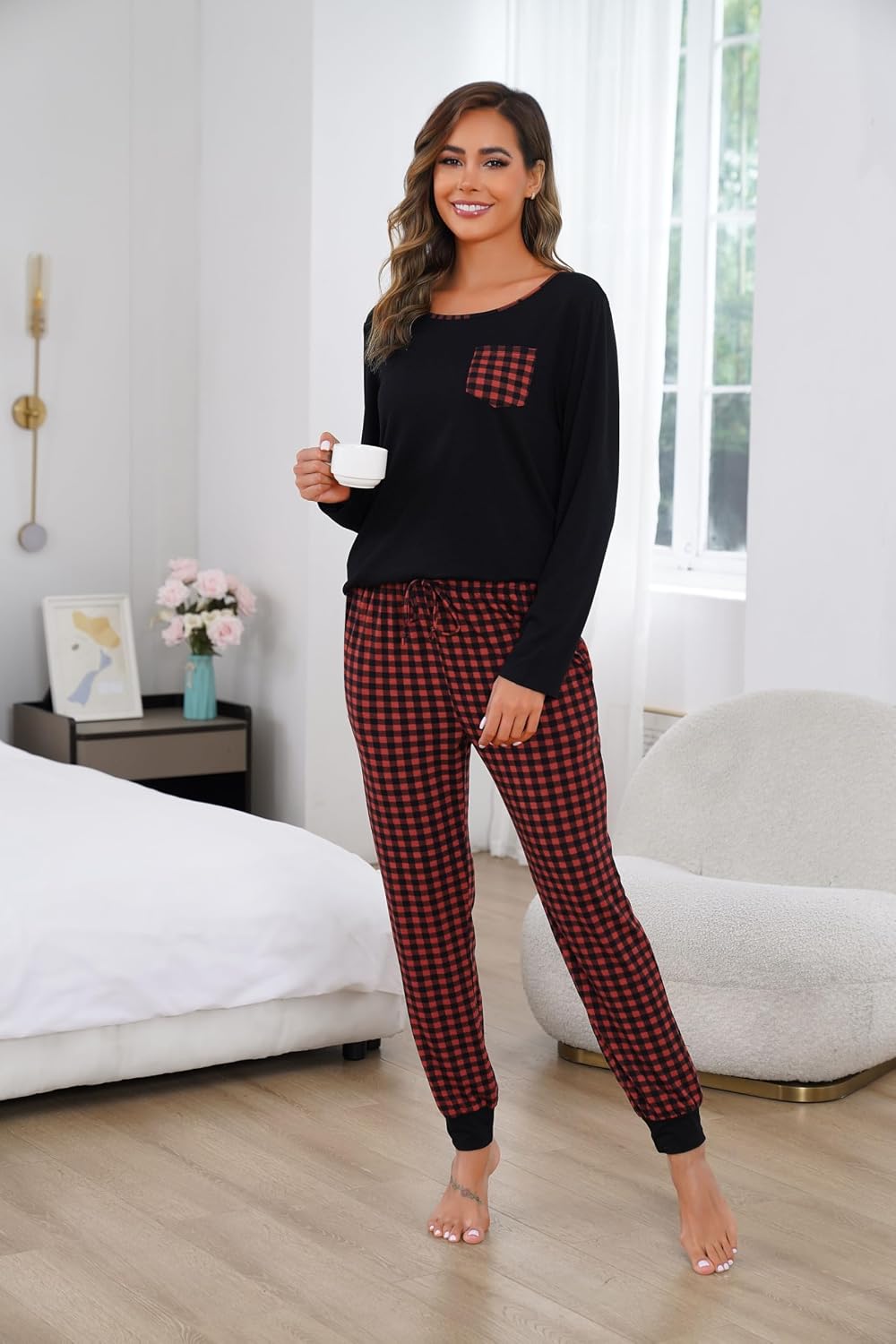 Thumbnail 1 de Vlazom Damen Schlafanzug Lang Pyjama-Set mit V-Ausschnitt