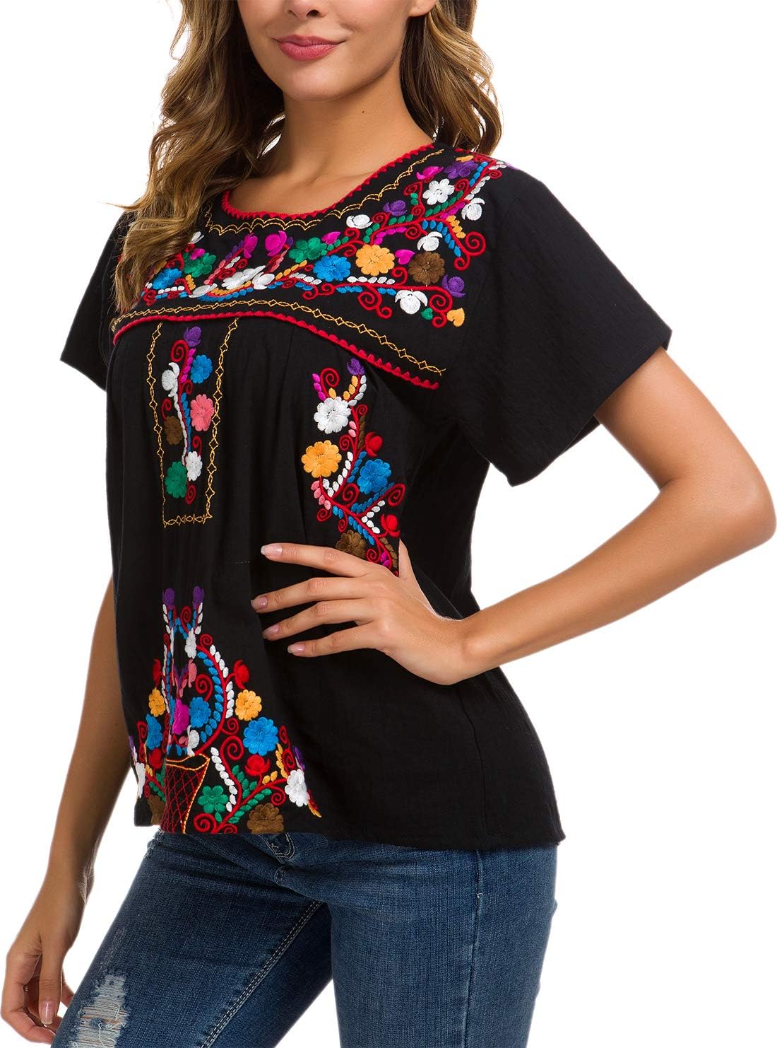 Thumbnail 3 de YZXDORWJ Women's Embroidered Mexican Peasant Blouse: Lightweight Cotton Boho Top for Summer