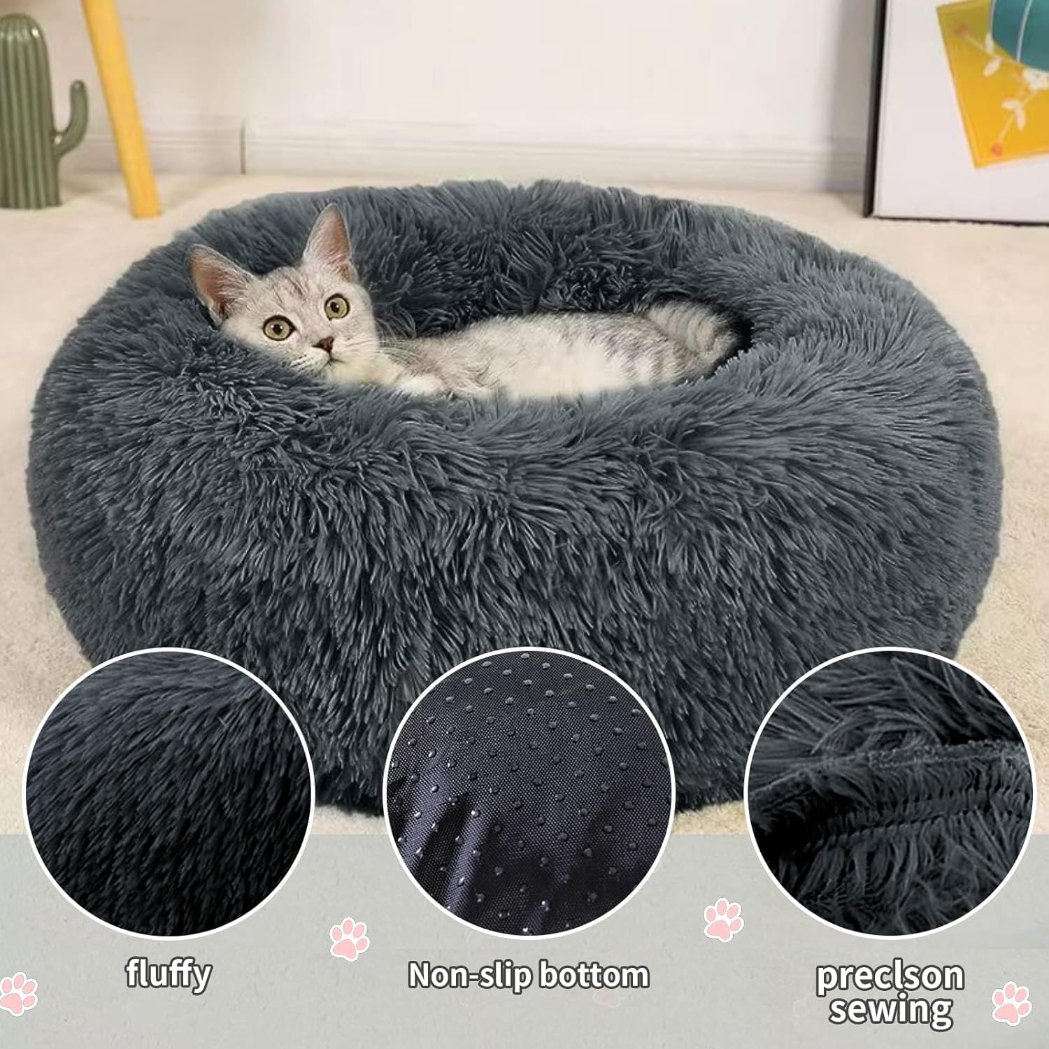 Thumbnail 2 de DONWEI Calming Donut Bed for Small to Medium Dogs (70x70cm) - Dark Grey