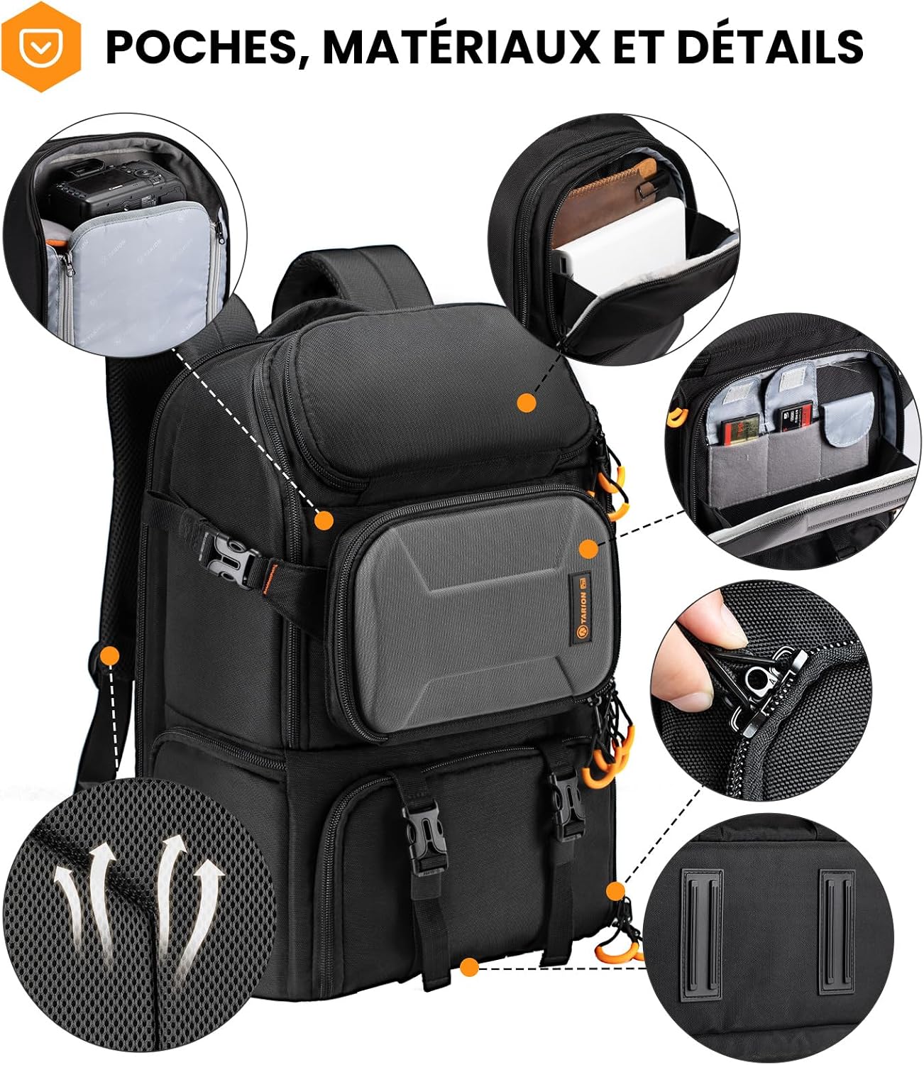 Detalle de TARION Sac à Dos pour Appareil Photo 15L (PBL) – Système modulable avec housse imperméable et compartiment ordinateur 15,6