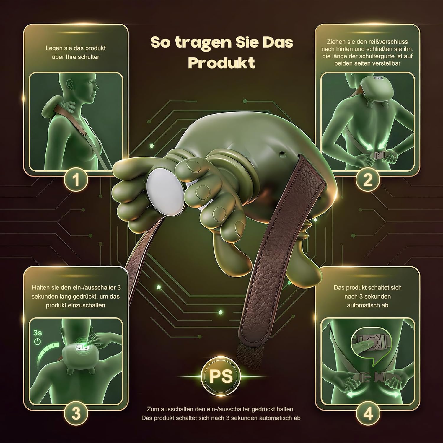 Detalle de 4D Nackenmassagegerät mit Wärme – Tragbares Nackenmassagegerät in Grün
