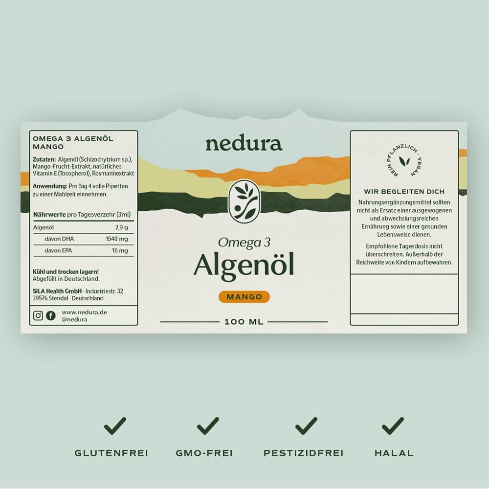 Thumbnail 5 de nedura® Omega 3 Algenöl mit Mango (vegan, DHA & EPA, mikroalgenbasiert) – 100 ml