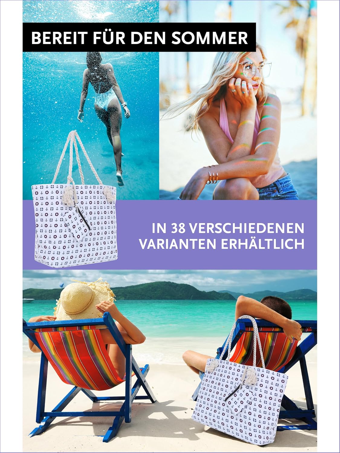 Detalle de DonDon Strandtasche XXL mit Reißverschluss – Umhängetasche/Shopper mit Innenfach und Mini-Tasche