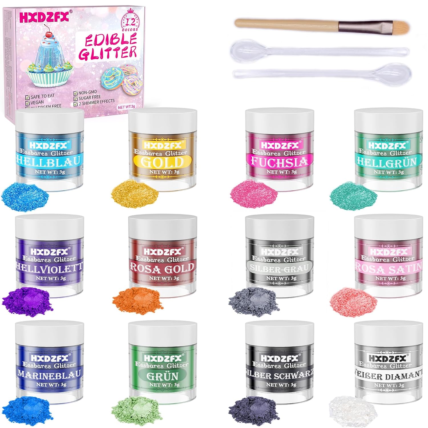 Essbares Glitzer Set – 12 Farben Glitzerpulver für Getränke und Backkunst (3 g pro Farbstoff)