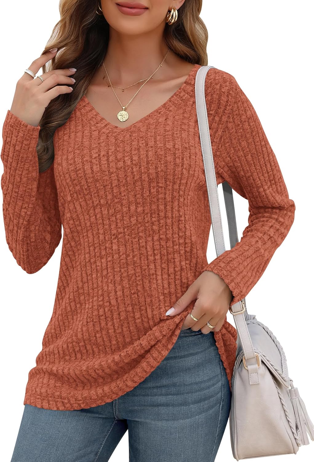 Detalle de WNEEDU Women's V-Neck Tunic Sweater, Long Sleeve, Lightweight and Loose Fit