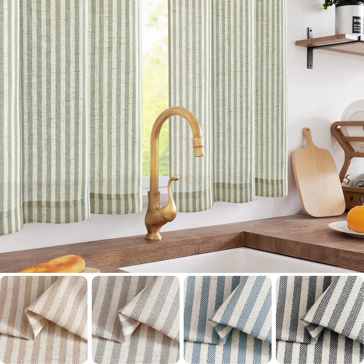 Detalle 2 de jinchan Striped Linen Kitchen Curtains 30" sage green curtains 🪟