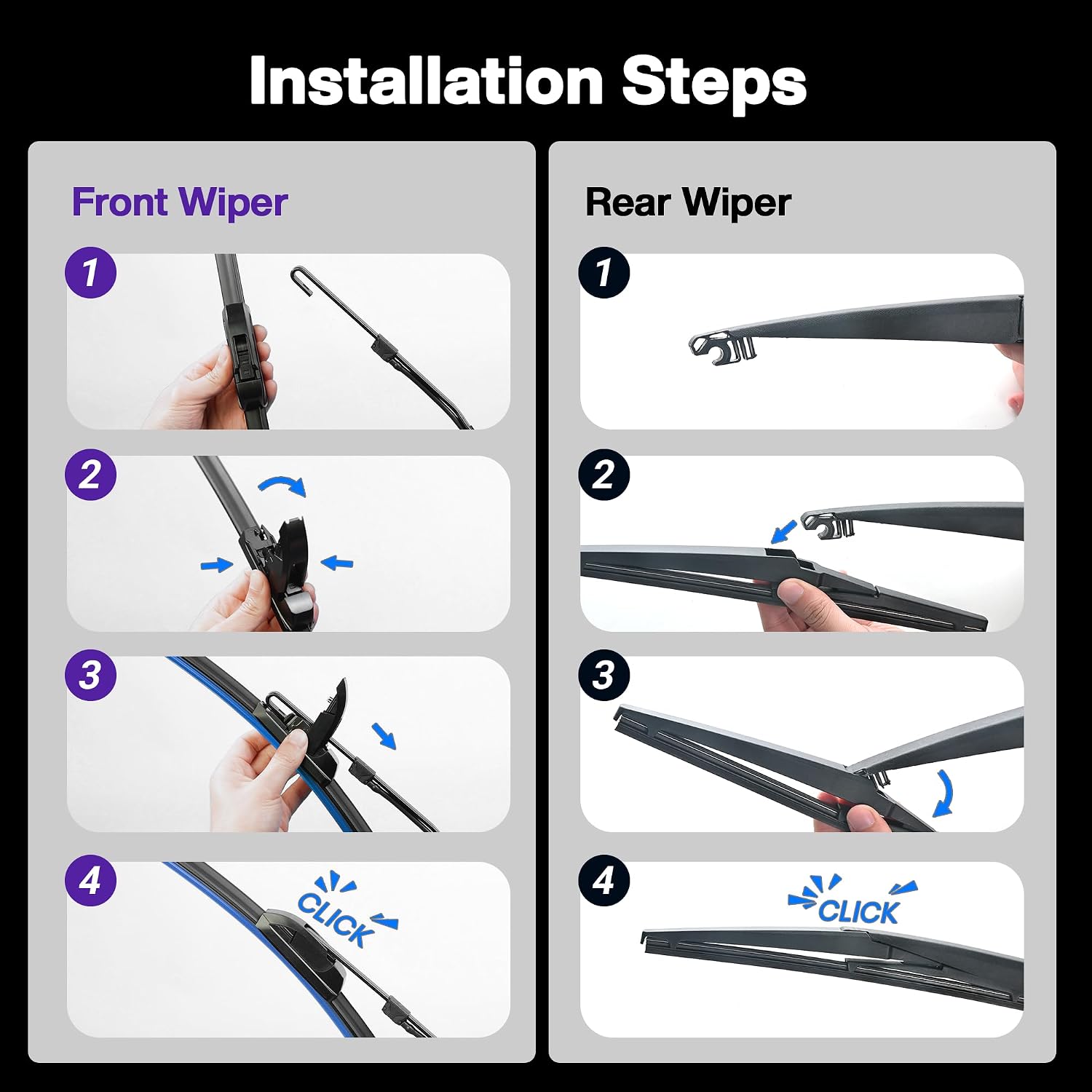 Detalle de JARHOT 26" + 16" Front Wiper Blades + 11" Rear Wiper Blade for Hyundai Tucson (2022–2024) — Factory-Quality, Hook Wipers