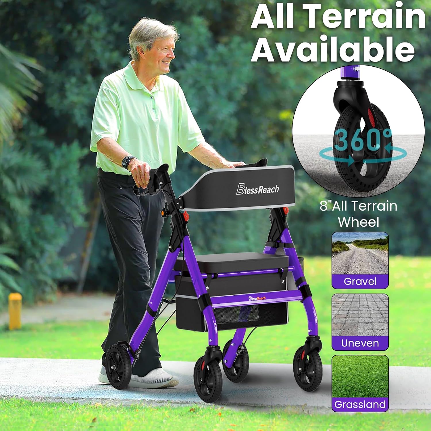 Detalle 2 de BlessReach Foldable Heavy-Duty Rollator Walker, 400 lb Capacity, 8-Inch Wheels