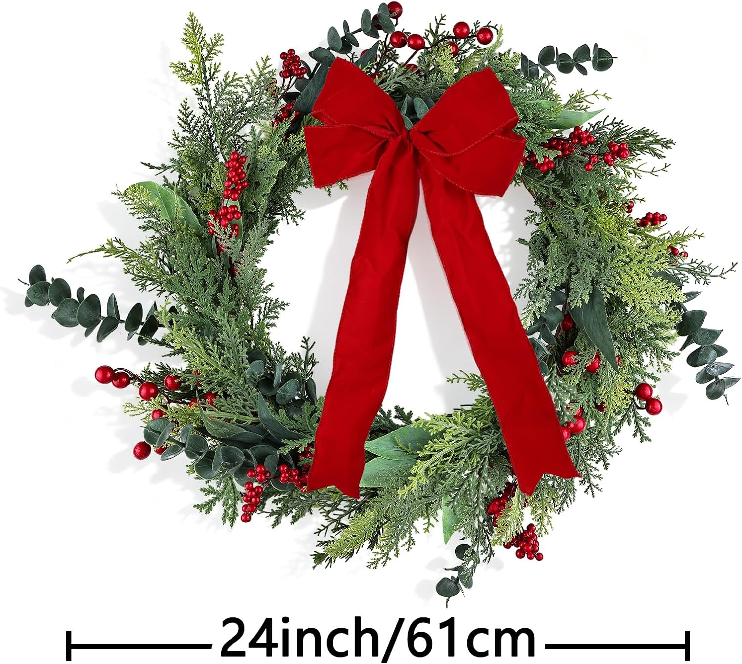 Detalle de 60cm Artificial Christmas Wreath for Front Door with Eucalyptus Leaves, Red Berries & Velvet Bow