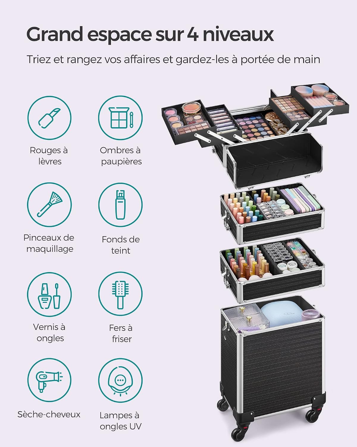 Detalle de SONGMICS Valise de Maquillage Professionnel 4-en-1 XXL (JHZ015B01) – Noir, 34 x 24 x 79,3 cm